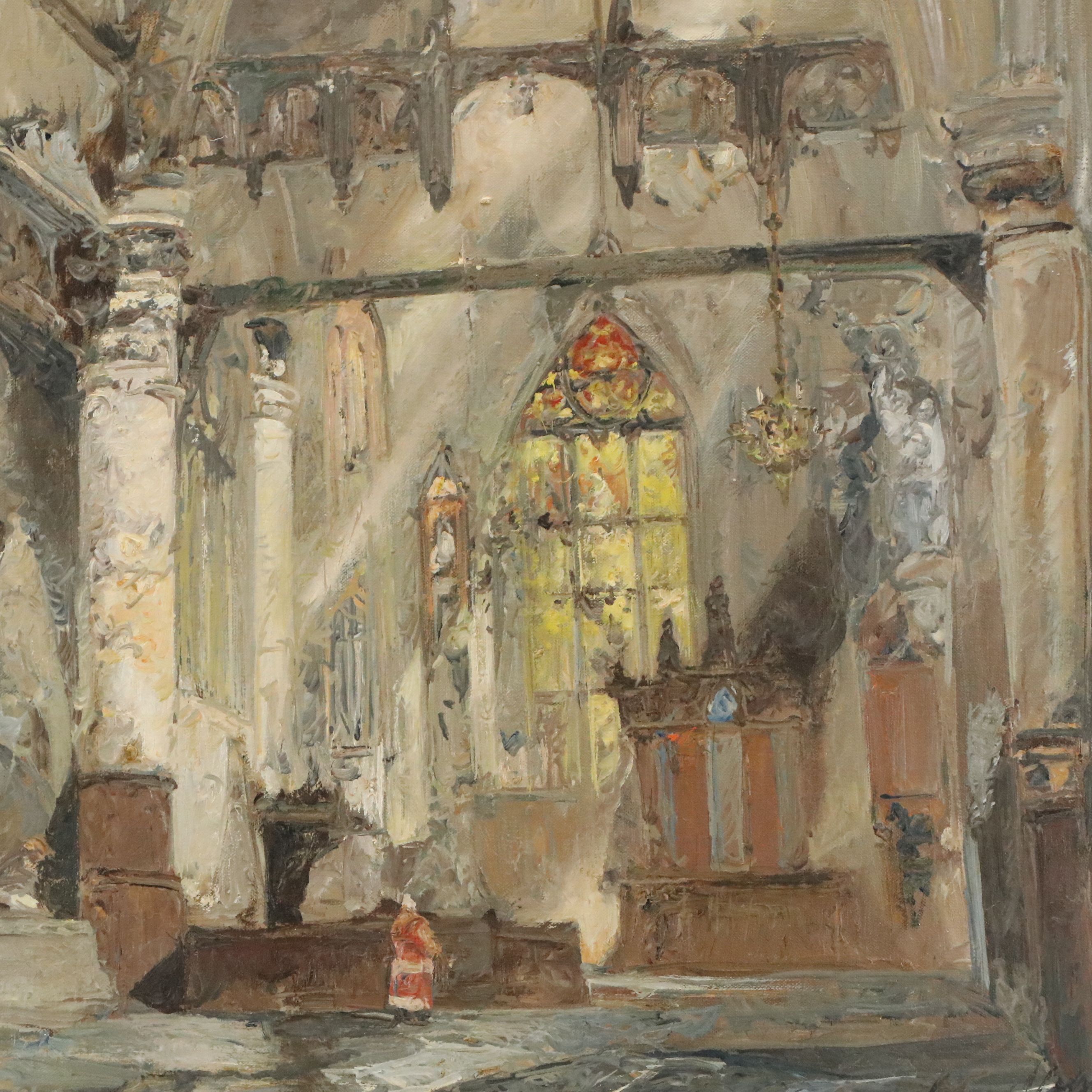 Cathedral Oil Painting of Interior Scene, Late 20th Century