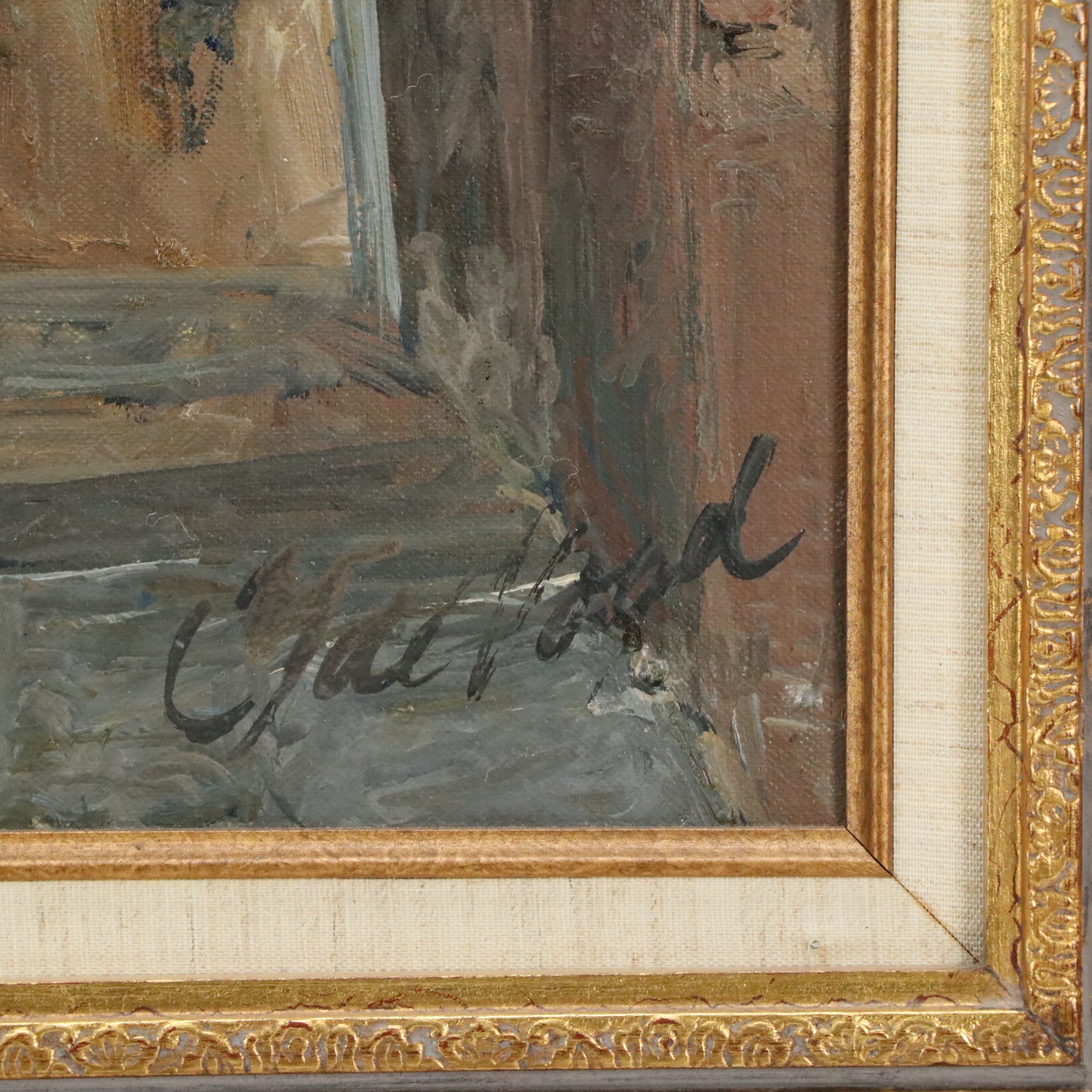 Cathedral Oil Painting of Interior Scene, Late 20th Century