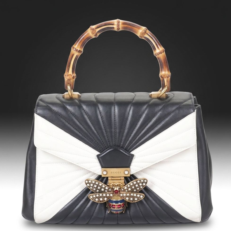 Gucci Queen Margaret Leather Bamboo Top Handle 2-Way Bag with Bee Embellishment