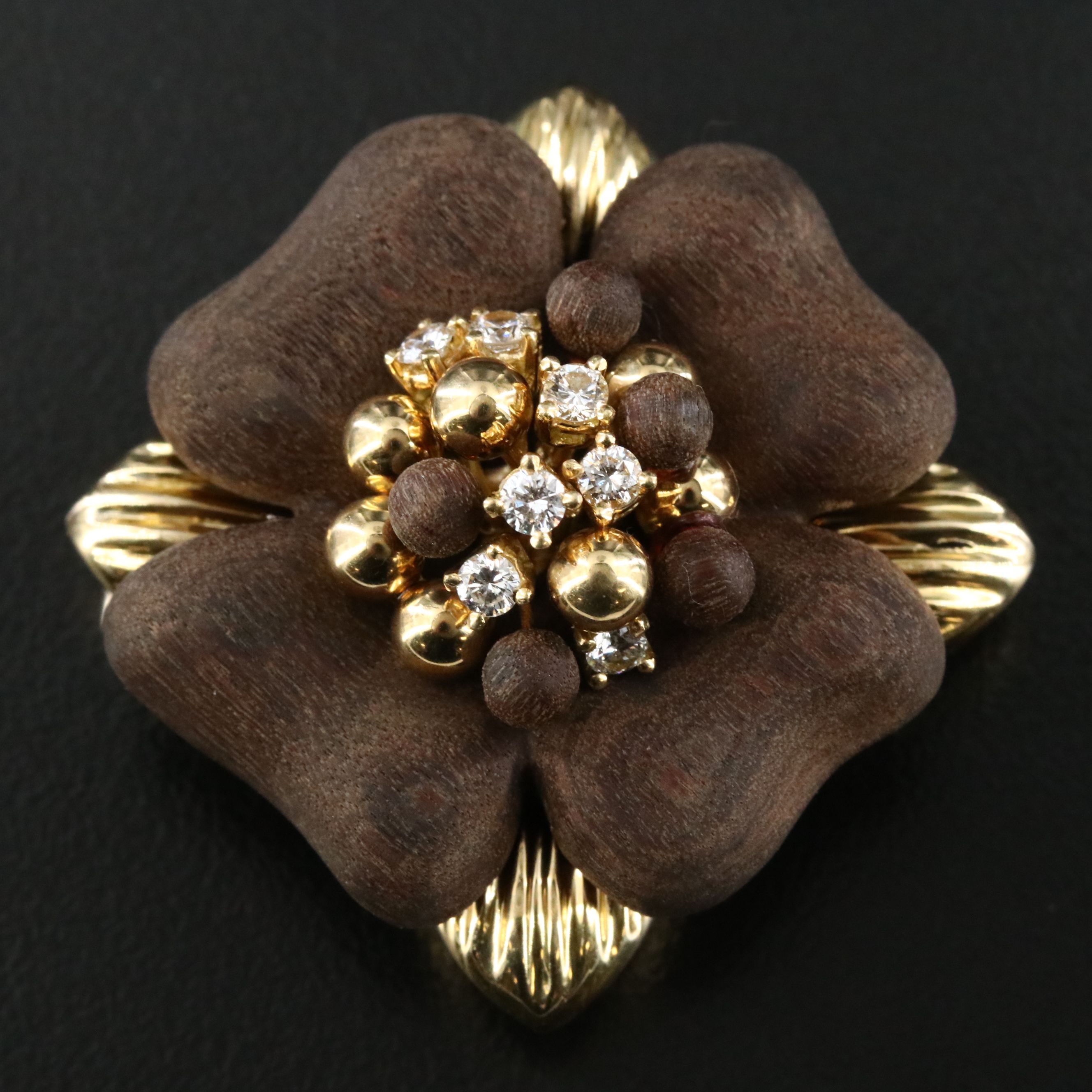 Vintage Sabbadini 18K 0.20 CTW Diamond and Wood Flower Brooch