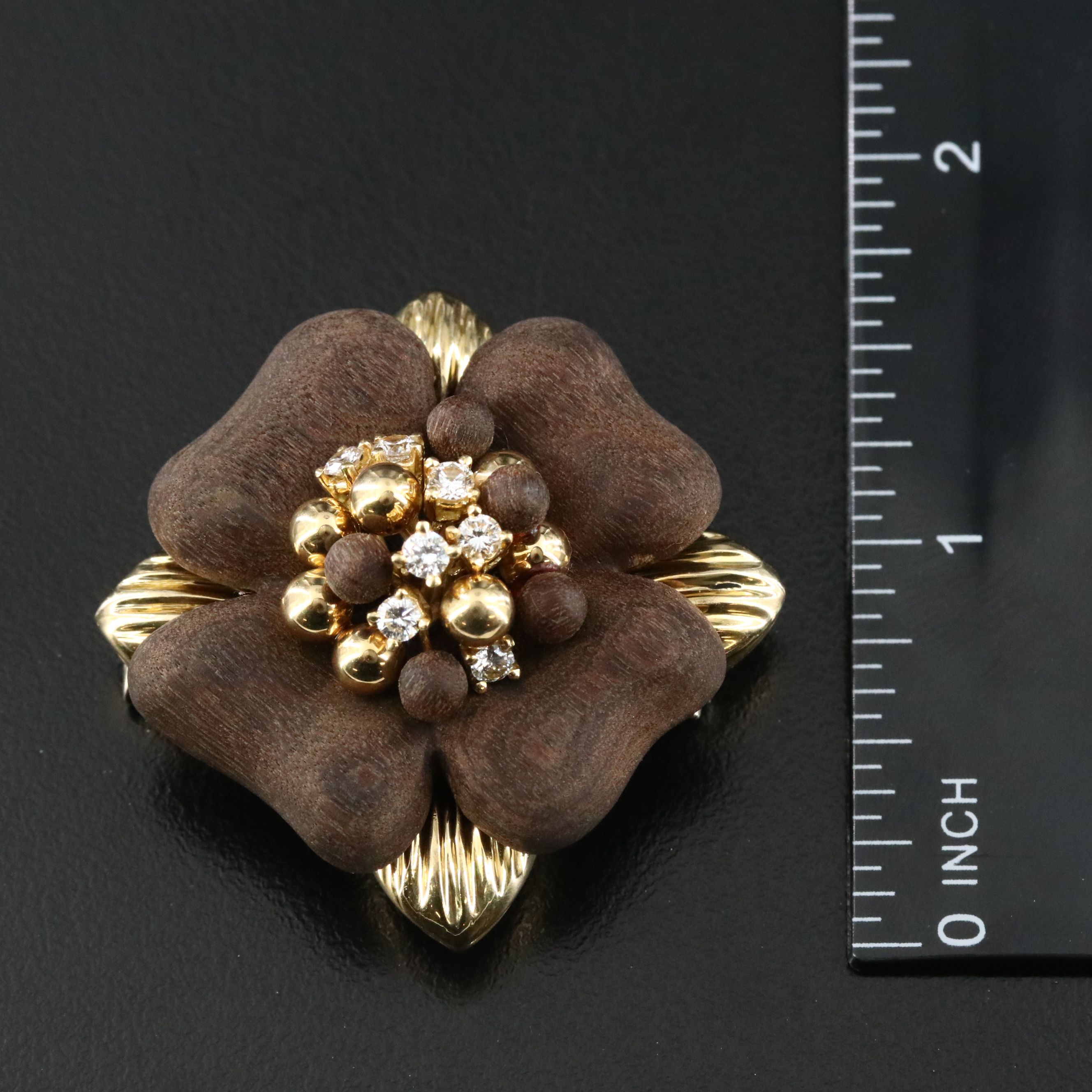 Vintage Sabbadini 18K 0.20 CTW Diamond and Wood Flower Brooch