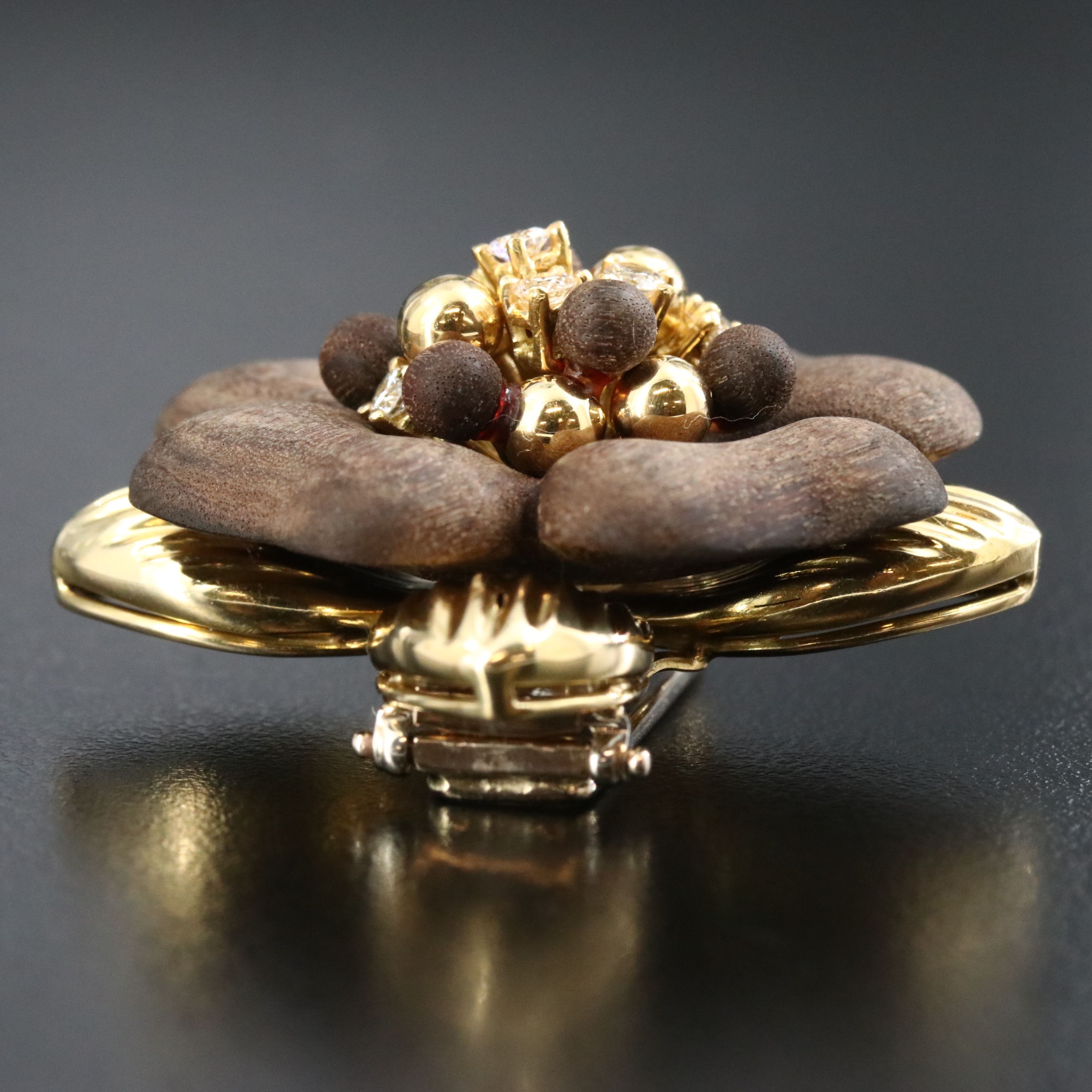 Vintage Sabbadini 18K 0.20 CTW Diamond and Wood Flower Brooch