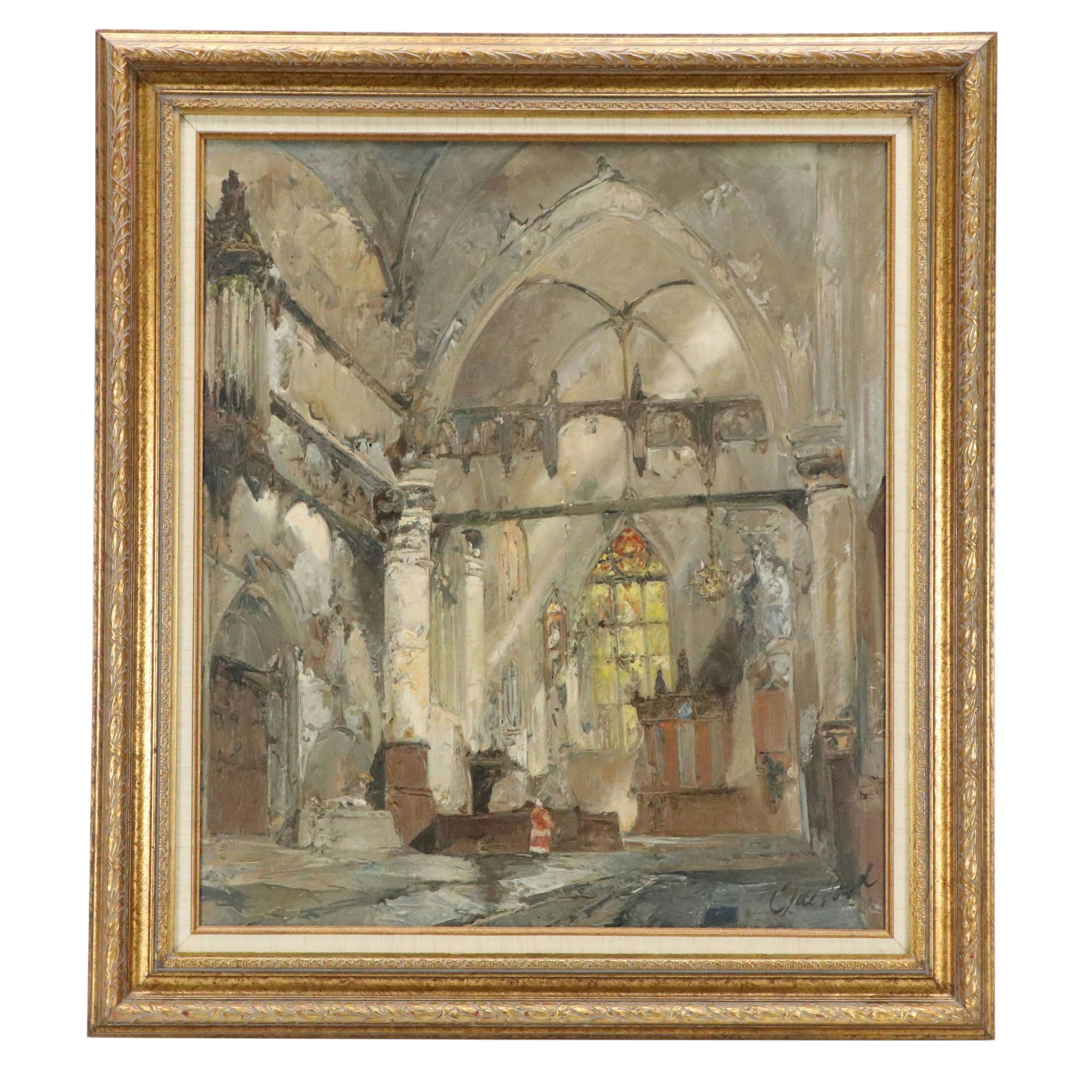 Cathedral Oil Painting of Interior Scene, Late 20th Century