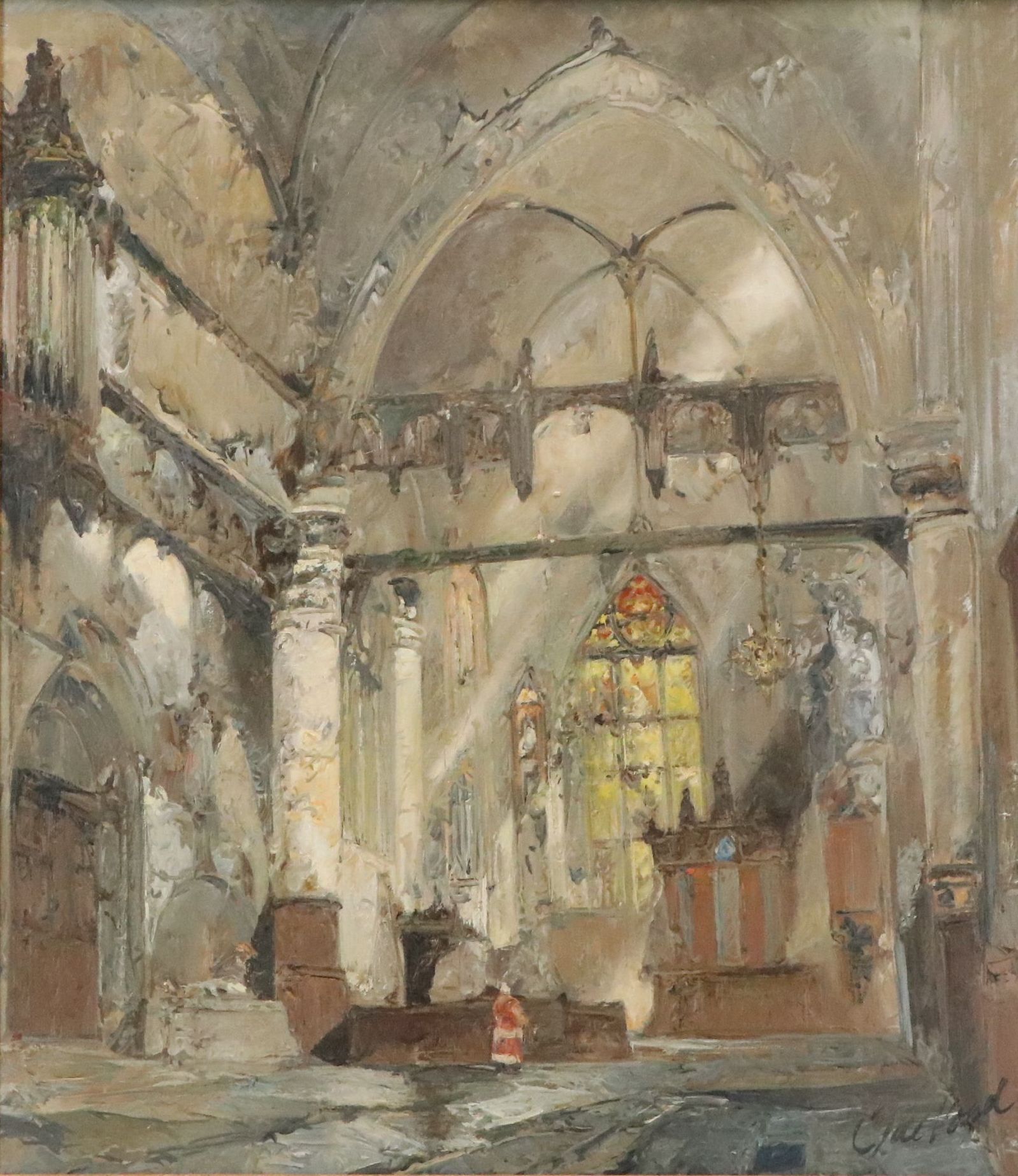 Cathedral Oil Painting of Interior Scene, Late 20th Century