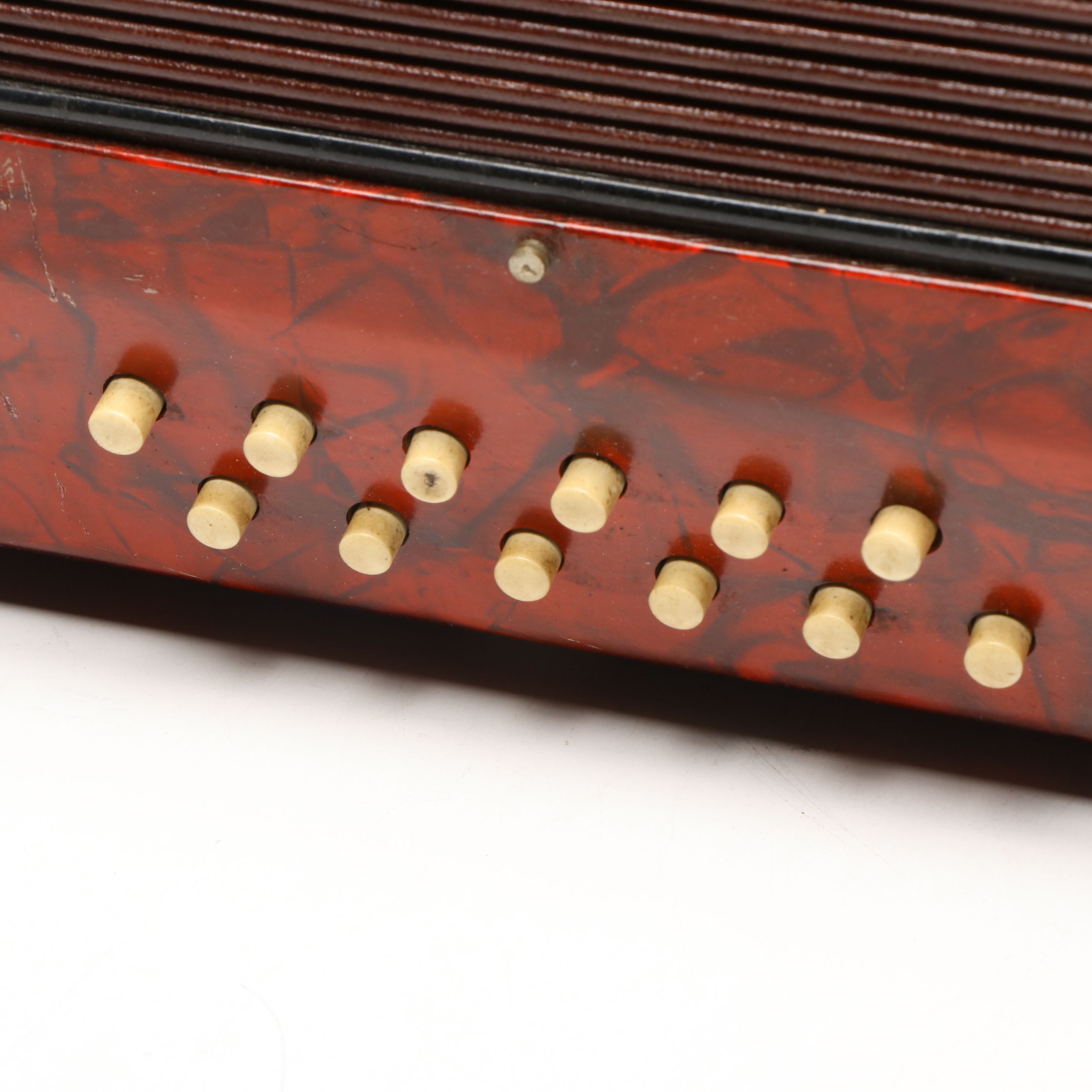 French Eight-Key Flutina and Case, Mallet, with Red Crackle Ice Accordion