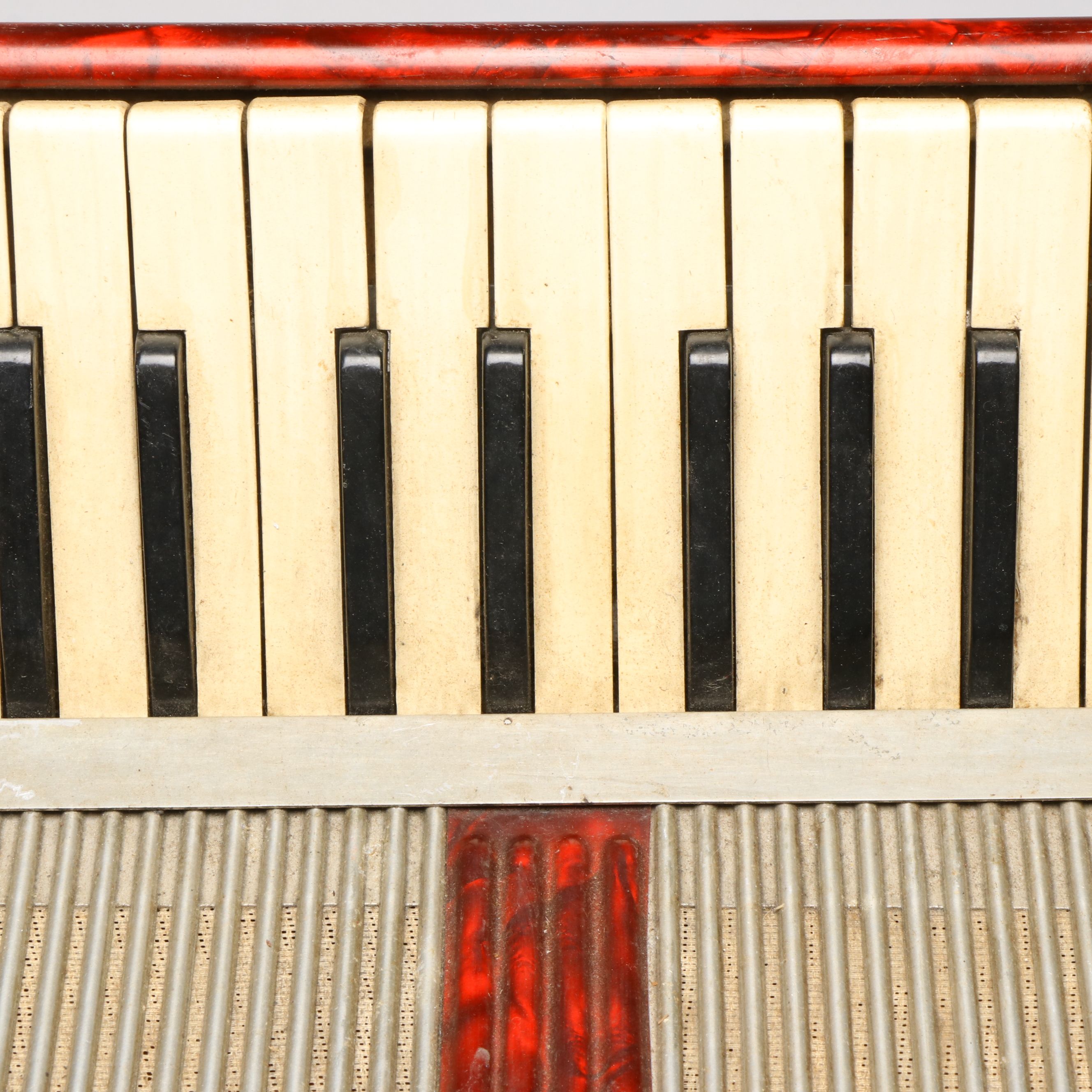 French Eight-Key Flutina and Case, Mallet, with Red Crackle Ice Accordion