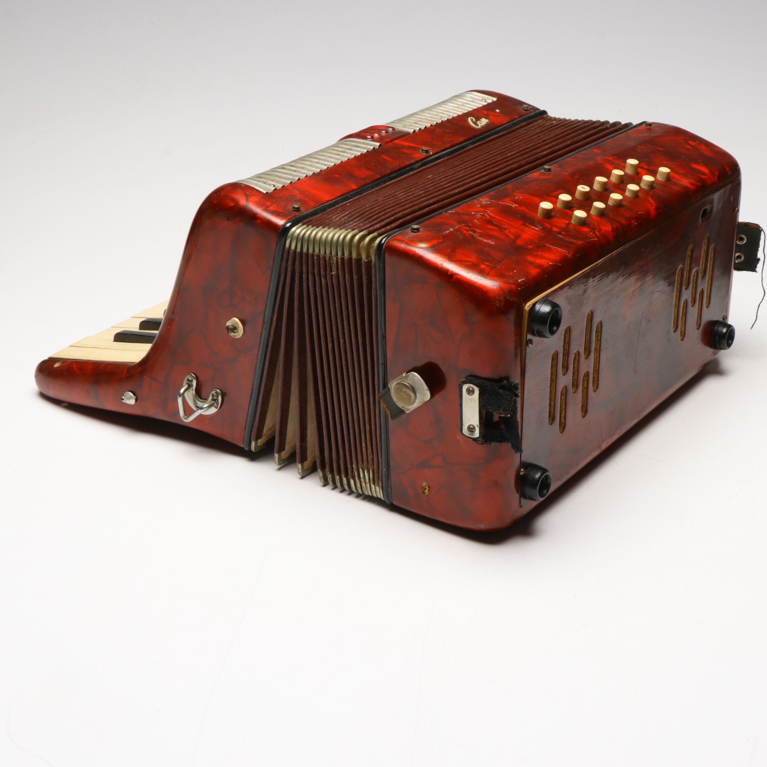French Eight-Key Flutina and Case, Mallet, with Red Crackle Ice Accordion