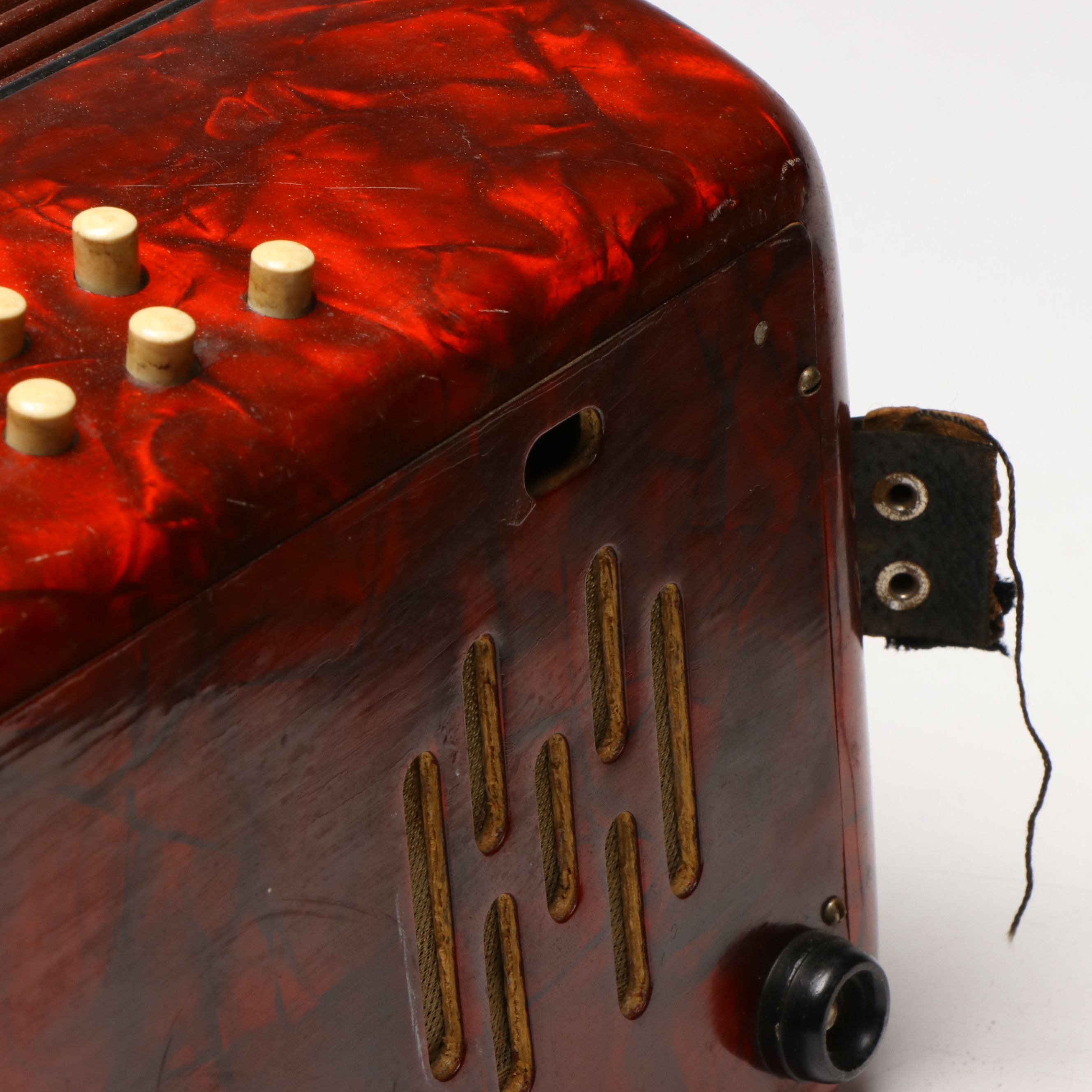French Eight-Key Flutina and Case, Mallet, with Red Crackle Ice Accordion