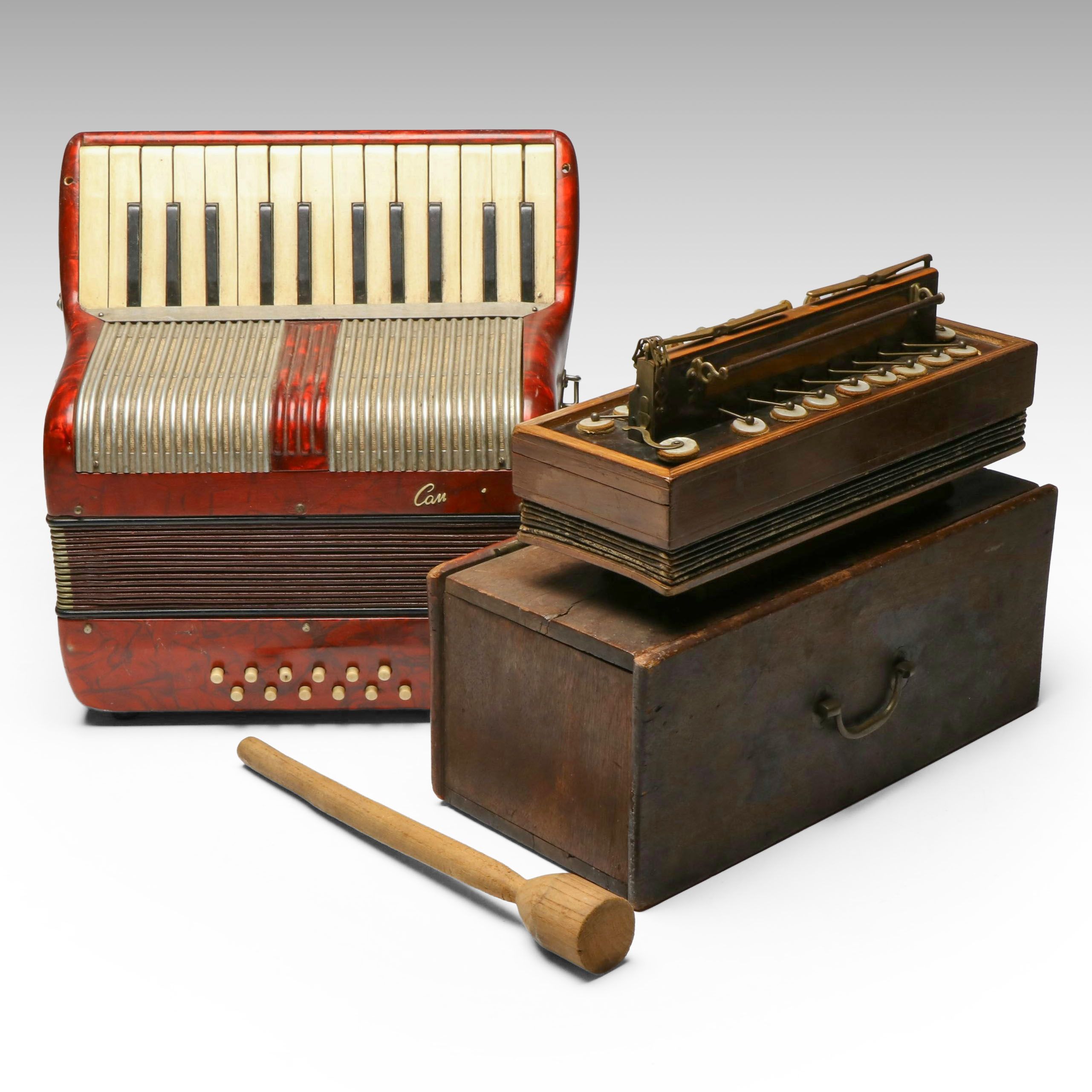 French Eight-Key Flutina and Case, Mallet, with Red Crackle Ice Accordion