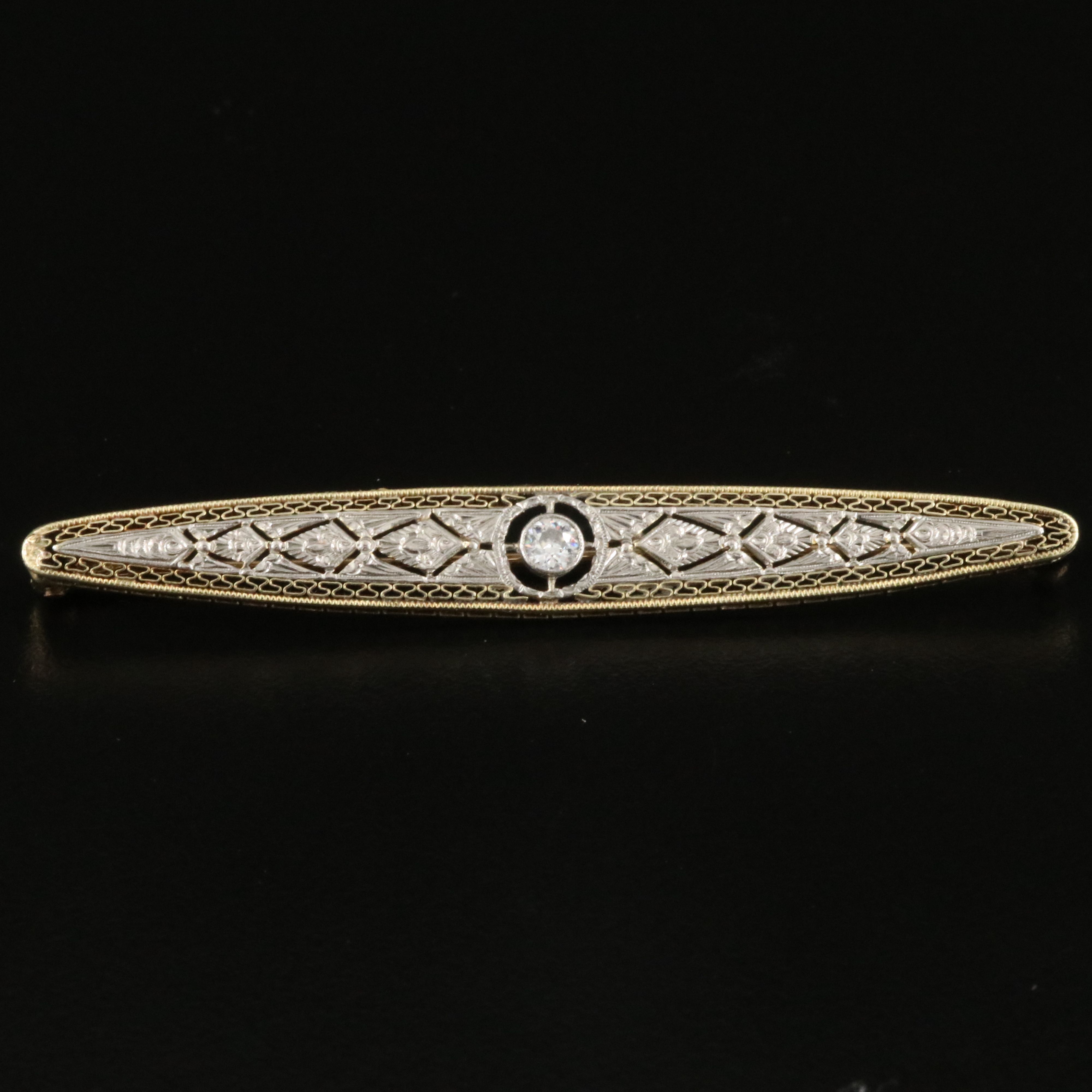 Edwardian Platinum and 14K 0.17 CT Diamond Openwork Bar Brooch