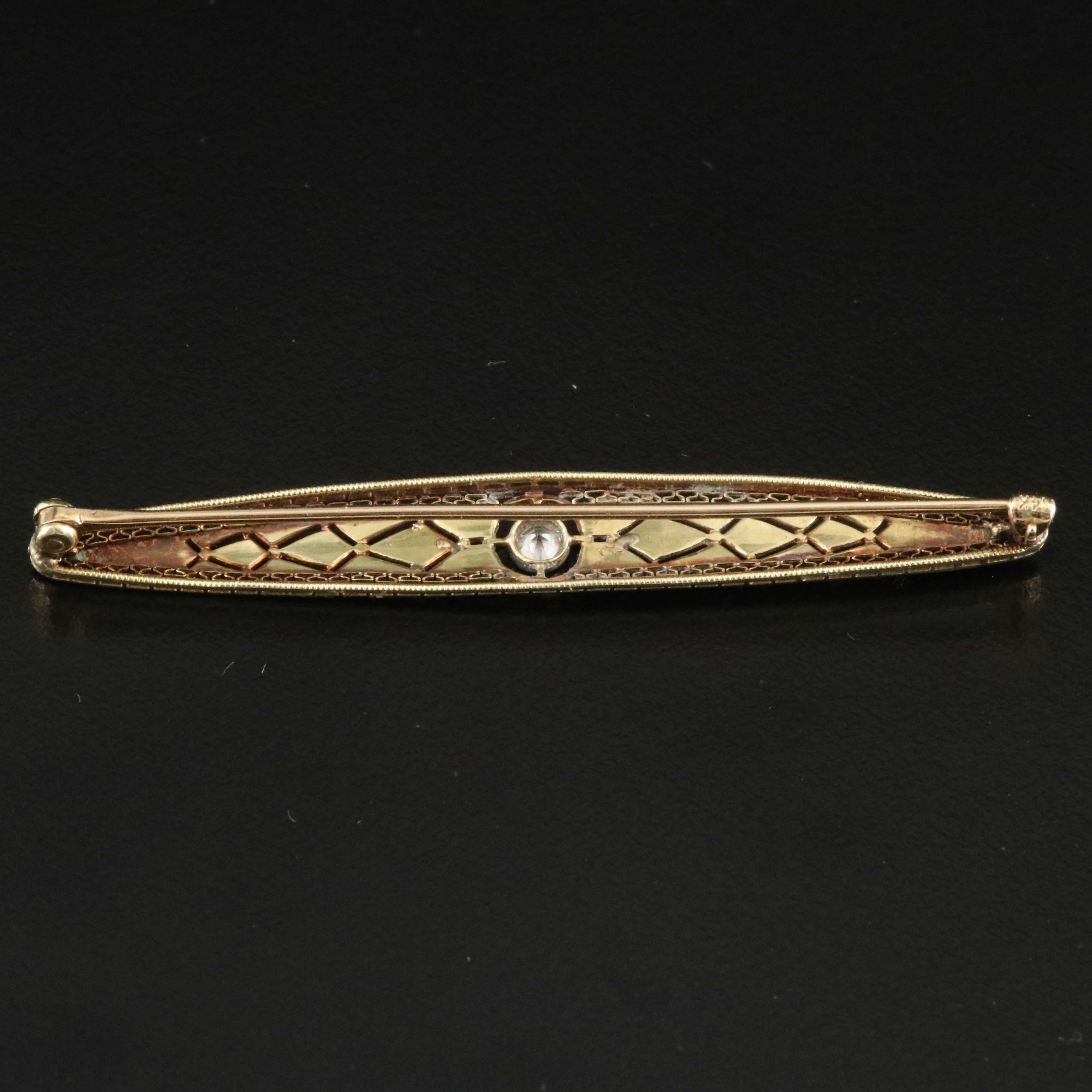 Edwardian Platinum and 14K 0.17 CT Diamond Openwork Bar Brooch