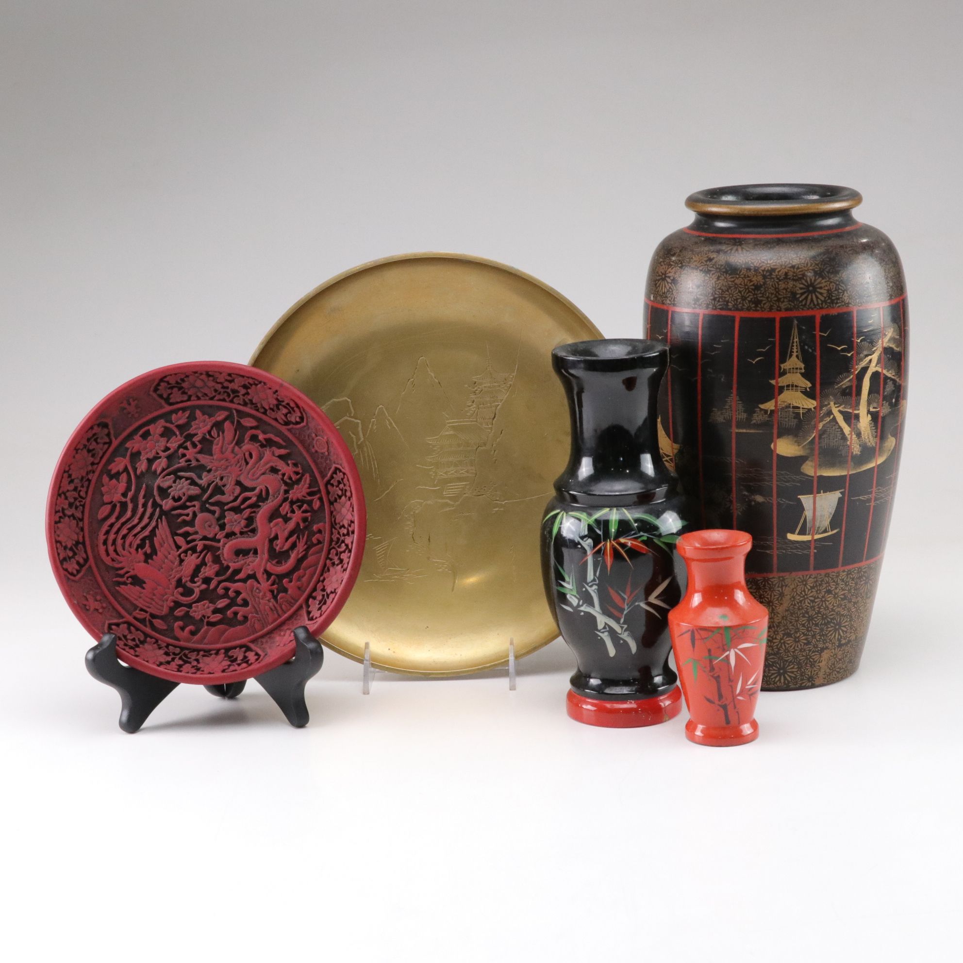 Japanese Black Lacquer and Gilt Landscape Vase with Plates and More