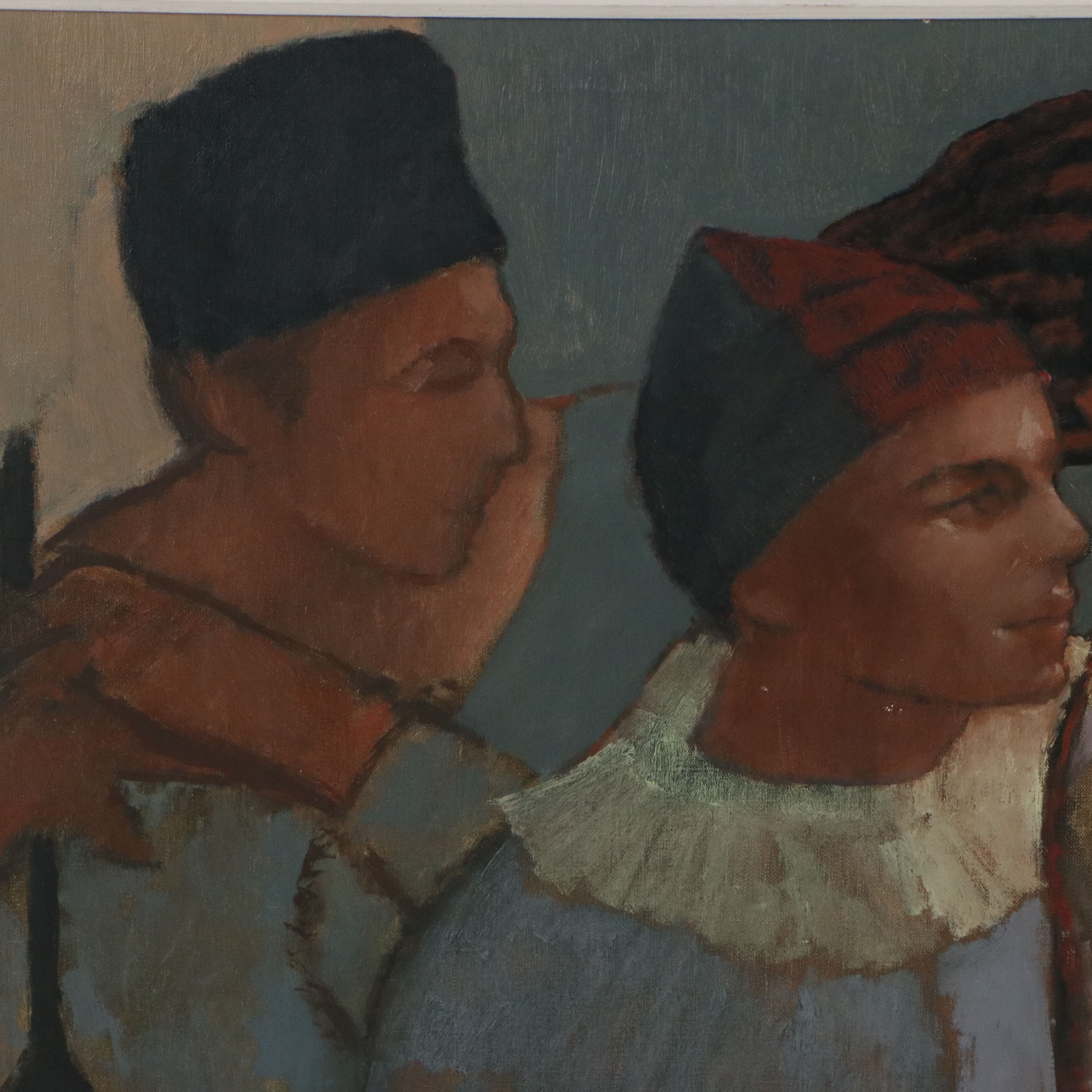 Bonnie Whittingham Oil Painting of Harlequin Performers with Lute, 1962