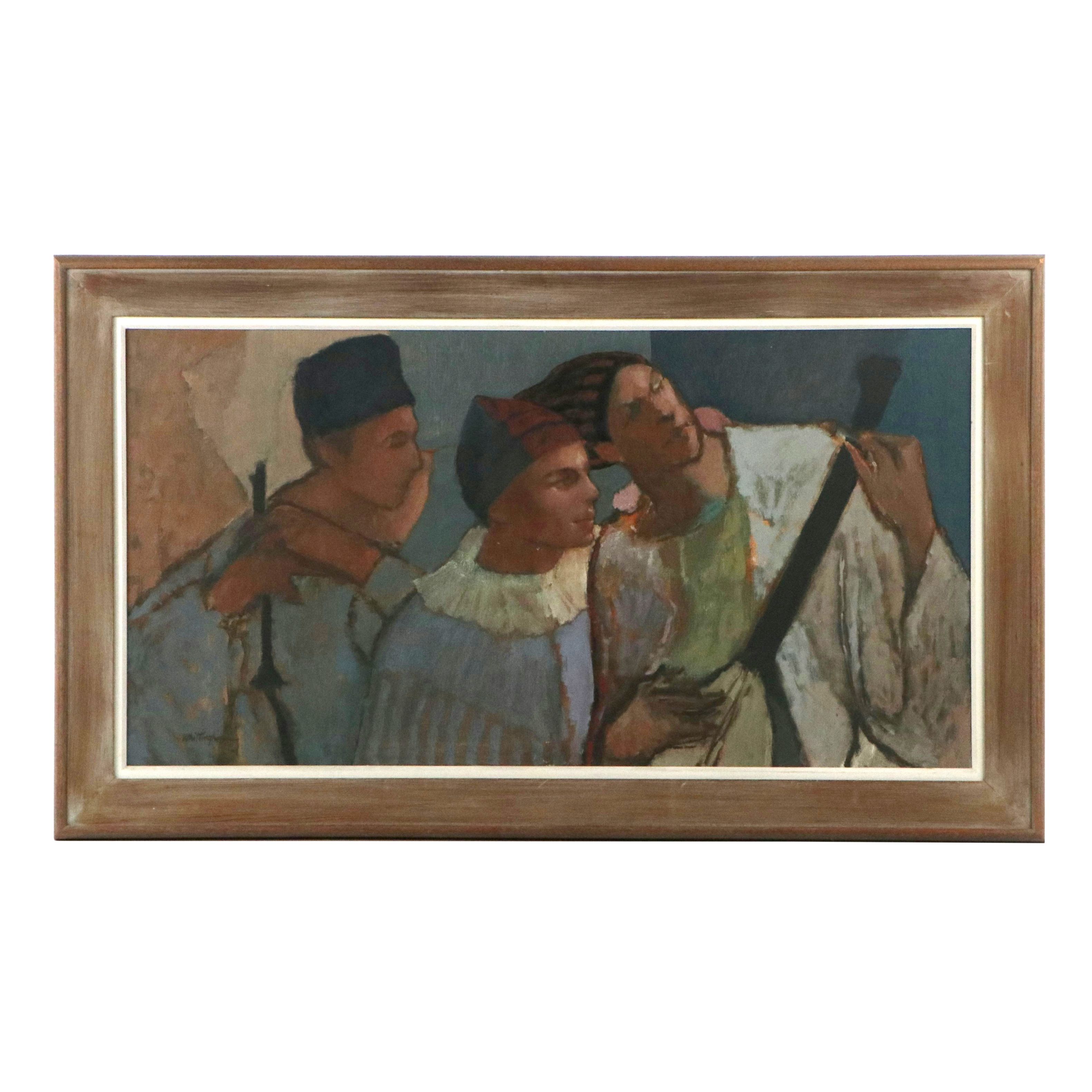 Bonnie Whittingham Oil Painting of Harlequin Performers with Lute, 1962
