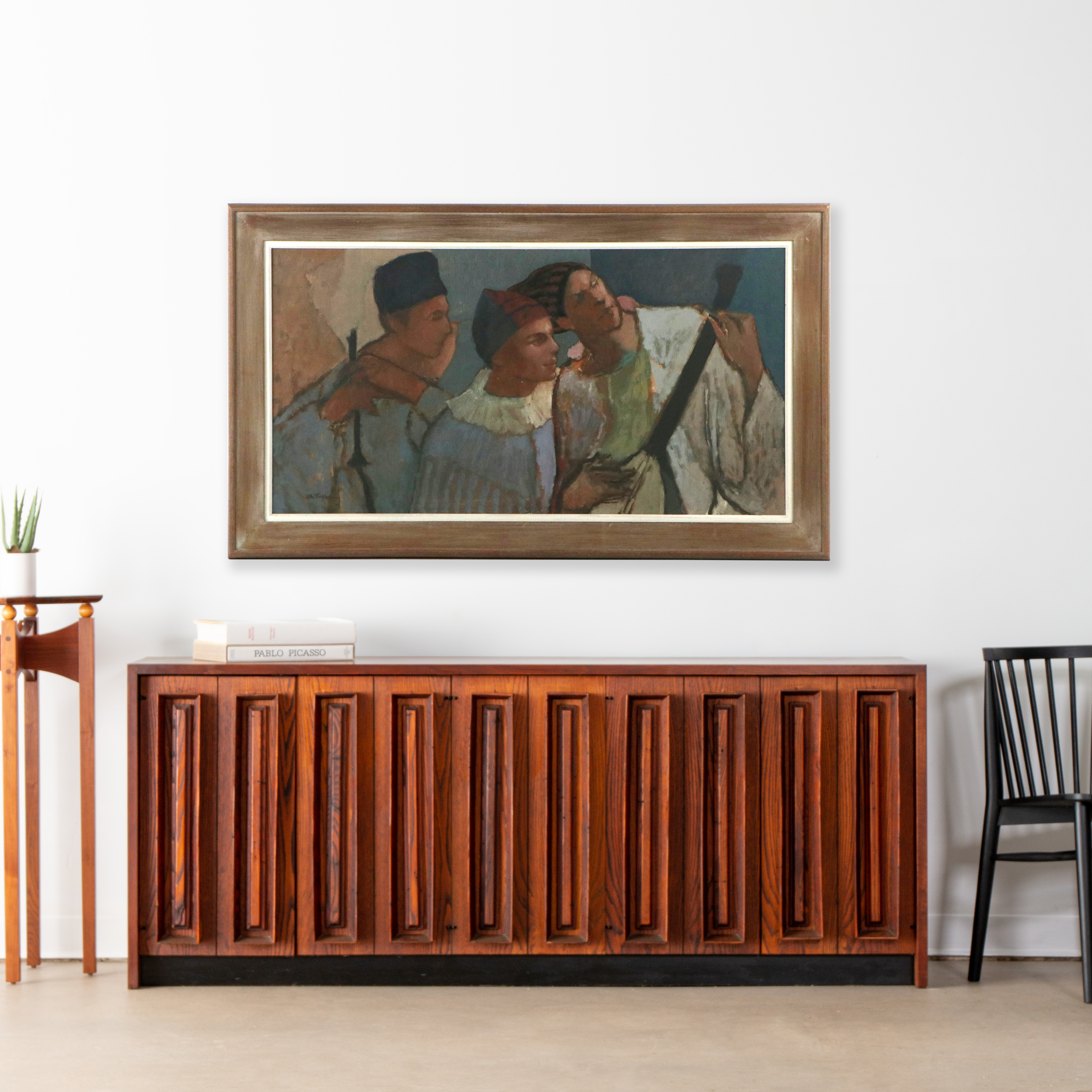 Bonnie Whittingham Oil Painting of Harlequin Performers with Lute, 1962