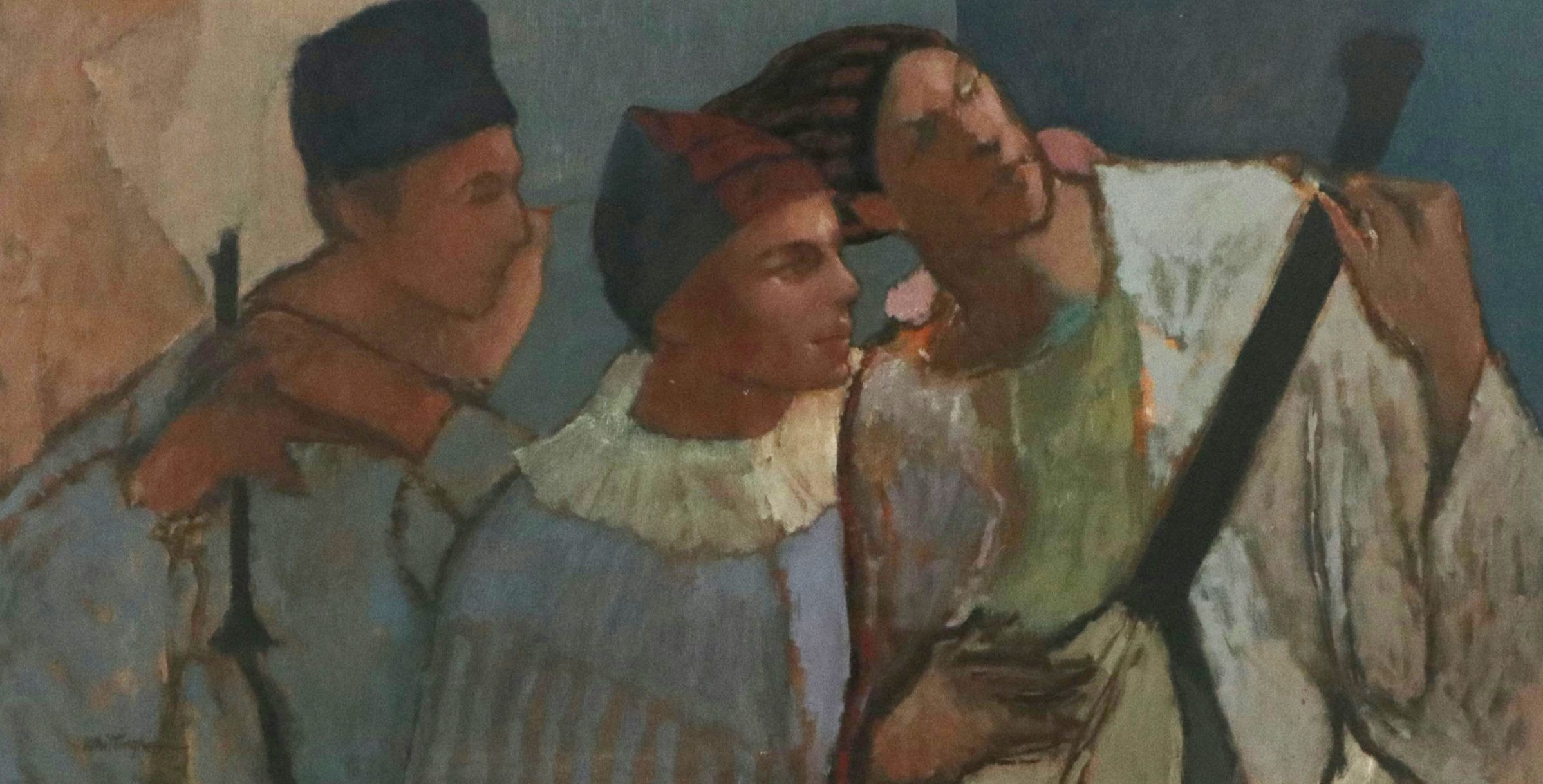 Bonnie Whittingham Oil Painting of Harlequin Performers with Lute, 1962