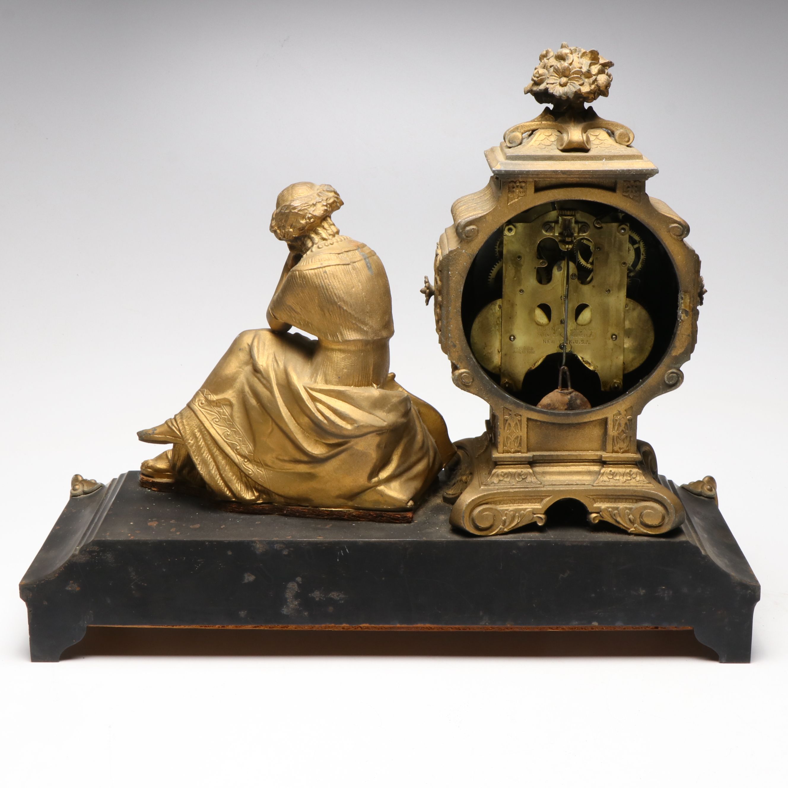 Ansonia Antique Gold Gilt Mantel Clock with Neoclassical Style Figure