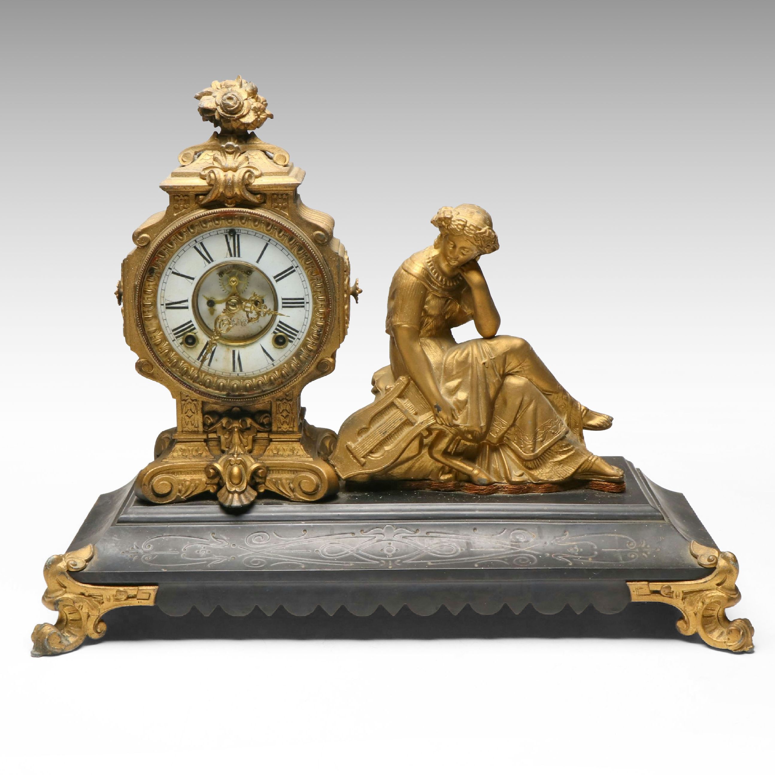 Ansonia Antique Gold Gilt Mantel Clock with Neoclassical Style Figure
