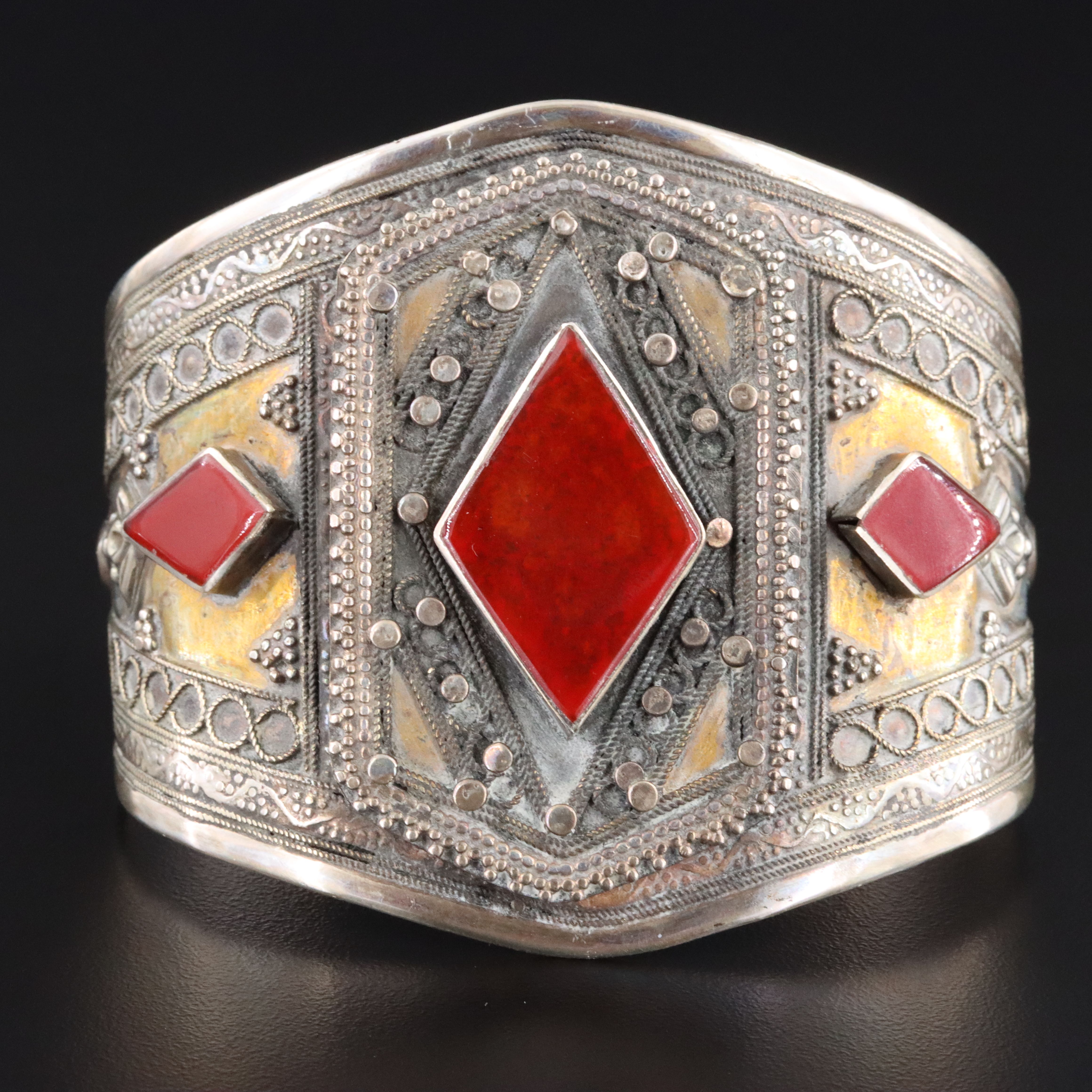 Turkmen Style Sterling Carnelian Cuff