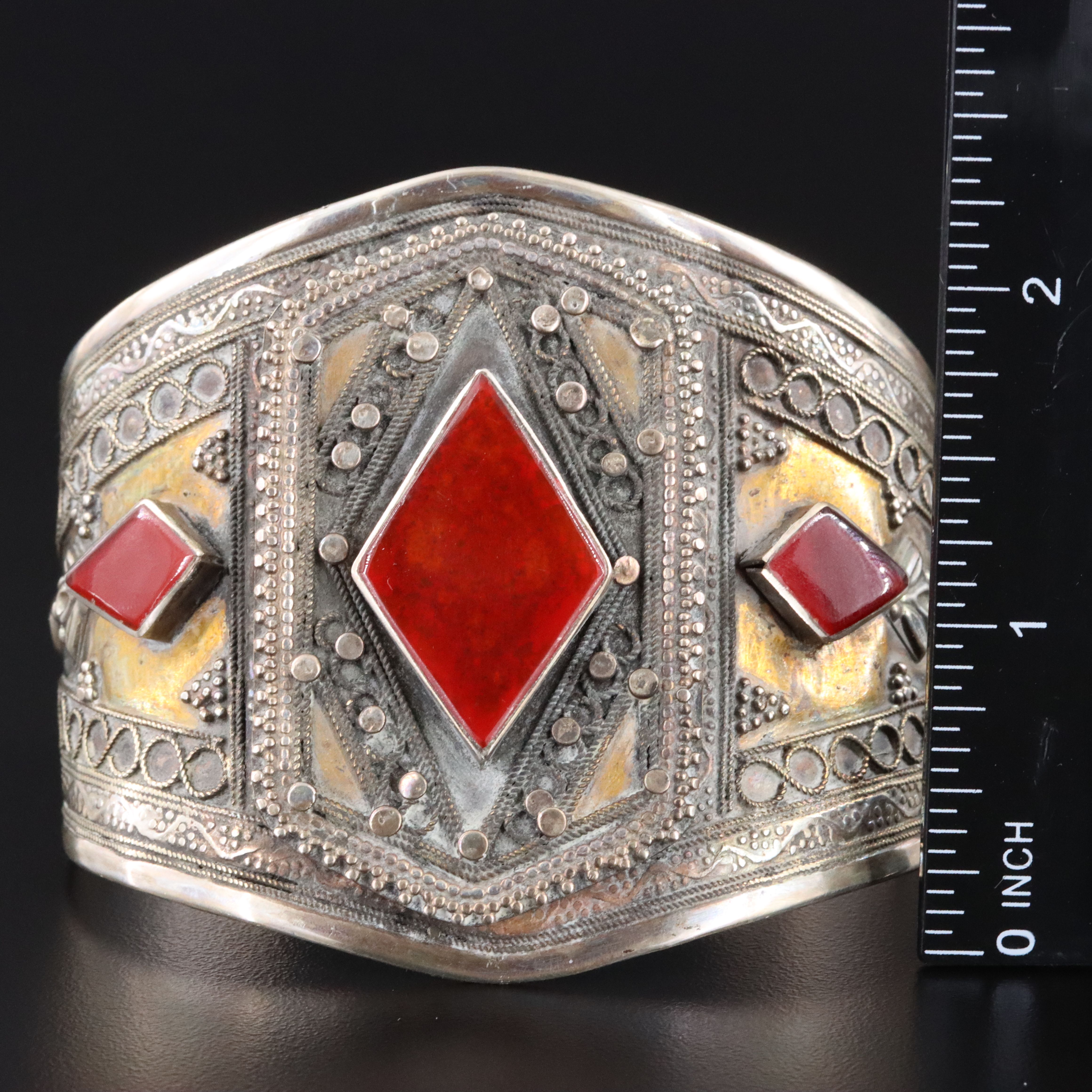 Turkmen Style Sterling Carnelian Cuff