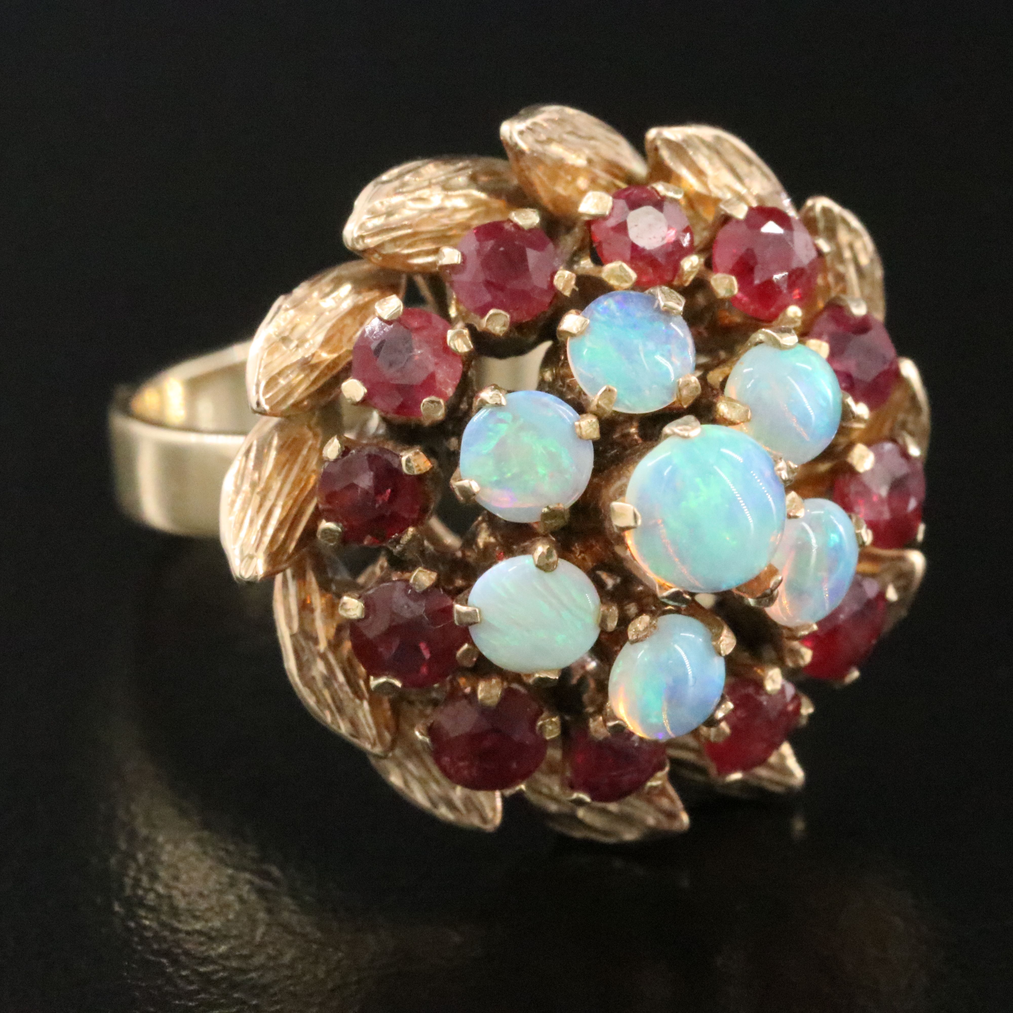 14K Opal and Ruby Tiered Ring with a Foliate Border