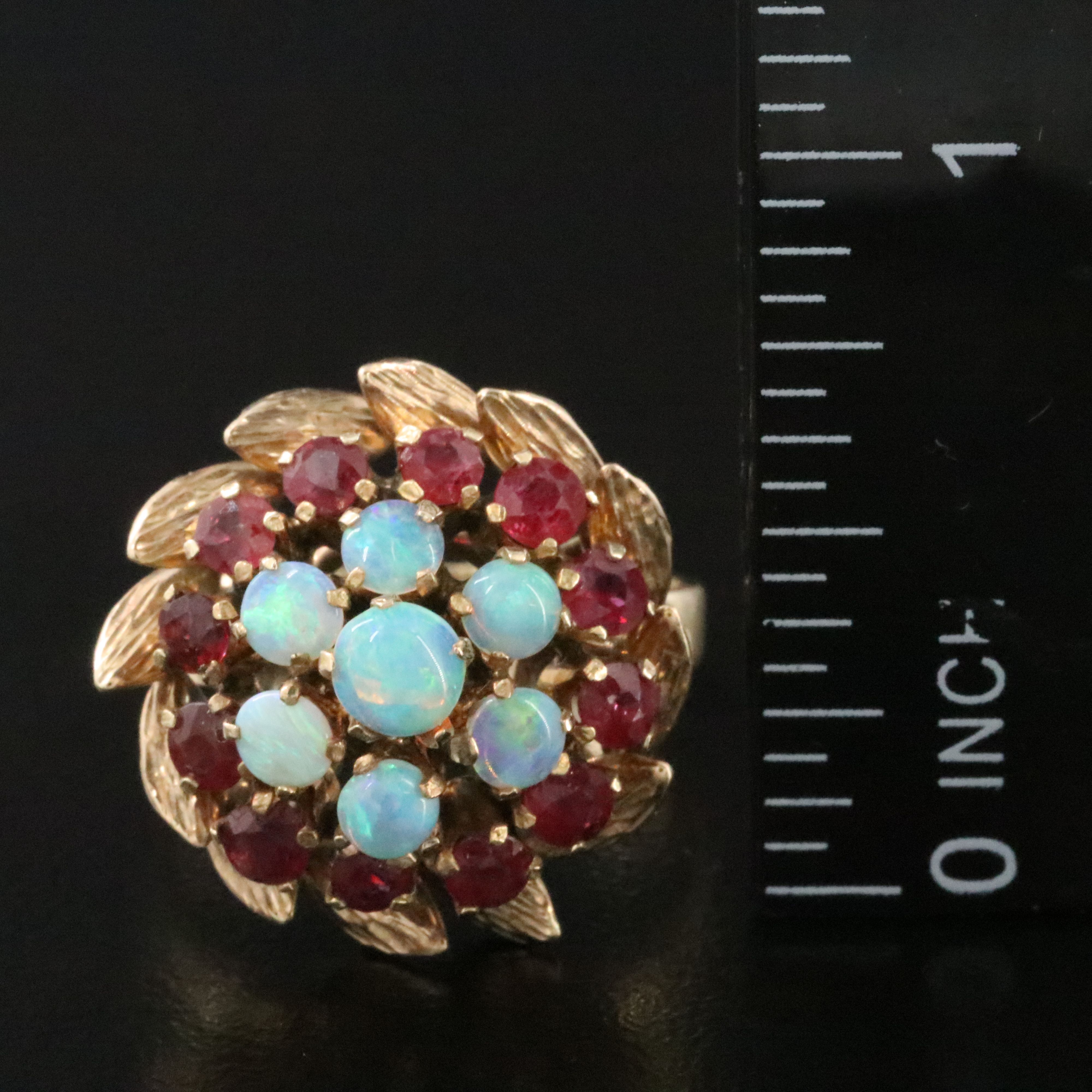 14K Opal and Ruby Tiered Ring with a Foliate Border