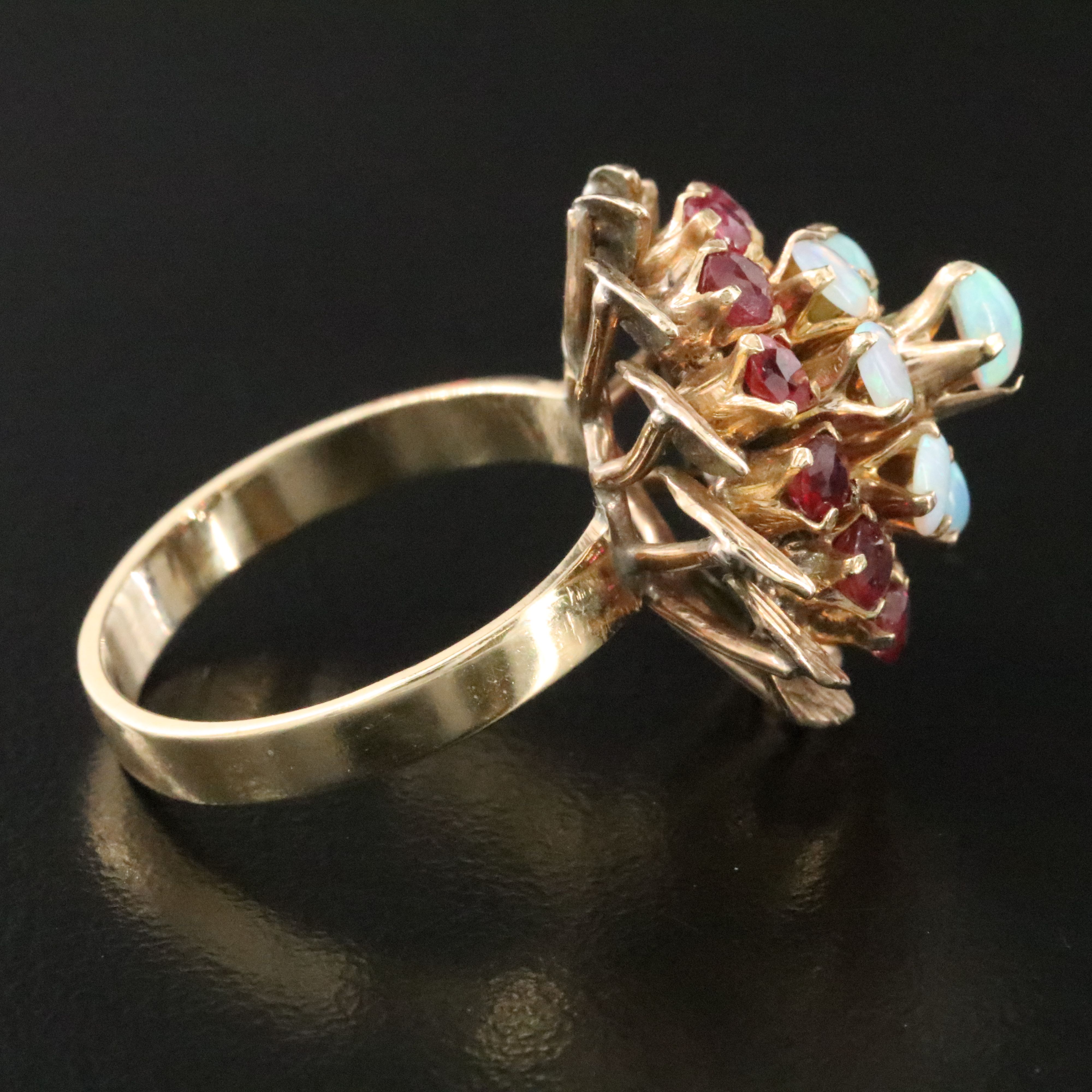 14K Opal and Ruby Tiered Ring with a Foliate Border