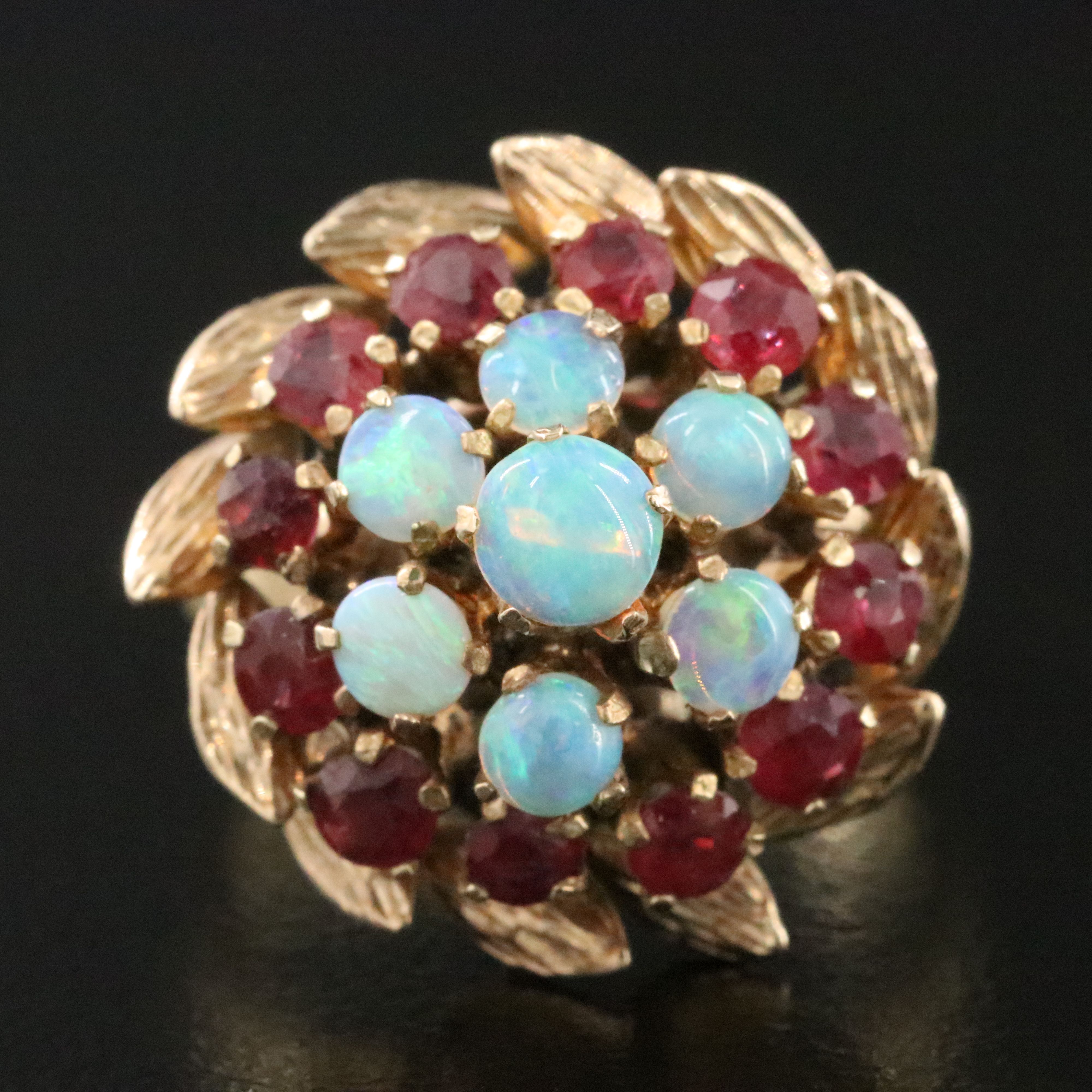 14K Opal and Ruby Tiered Ring with a Foliate Border