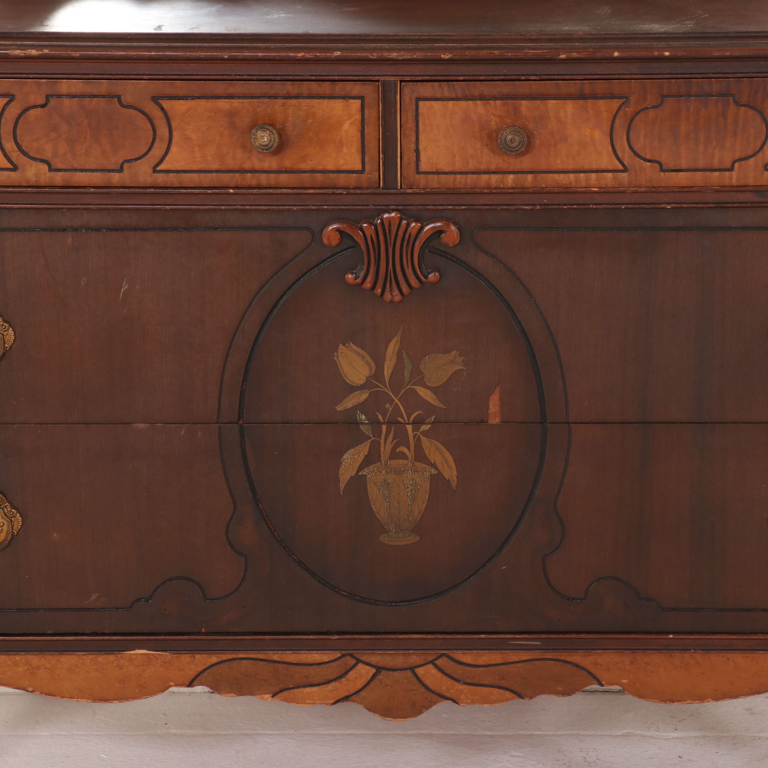 Sheraton Revival Inlaid Walnut Dresser with Mirror, Early 20th Century