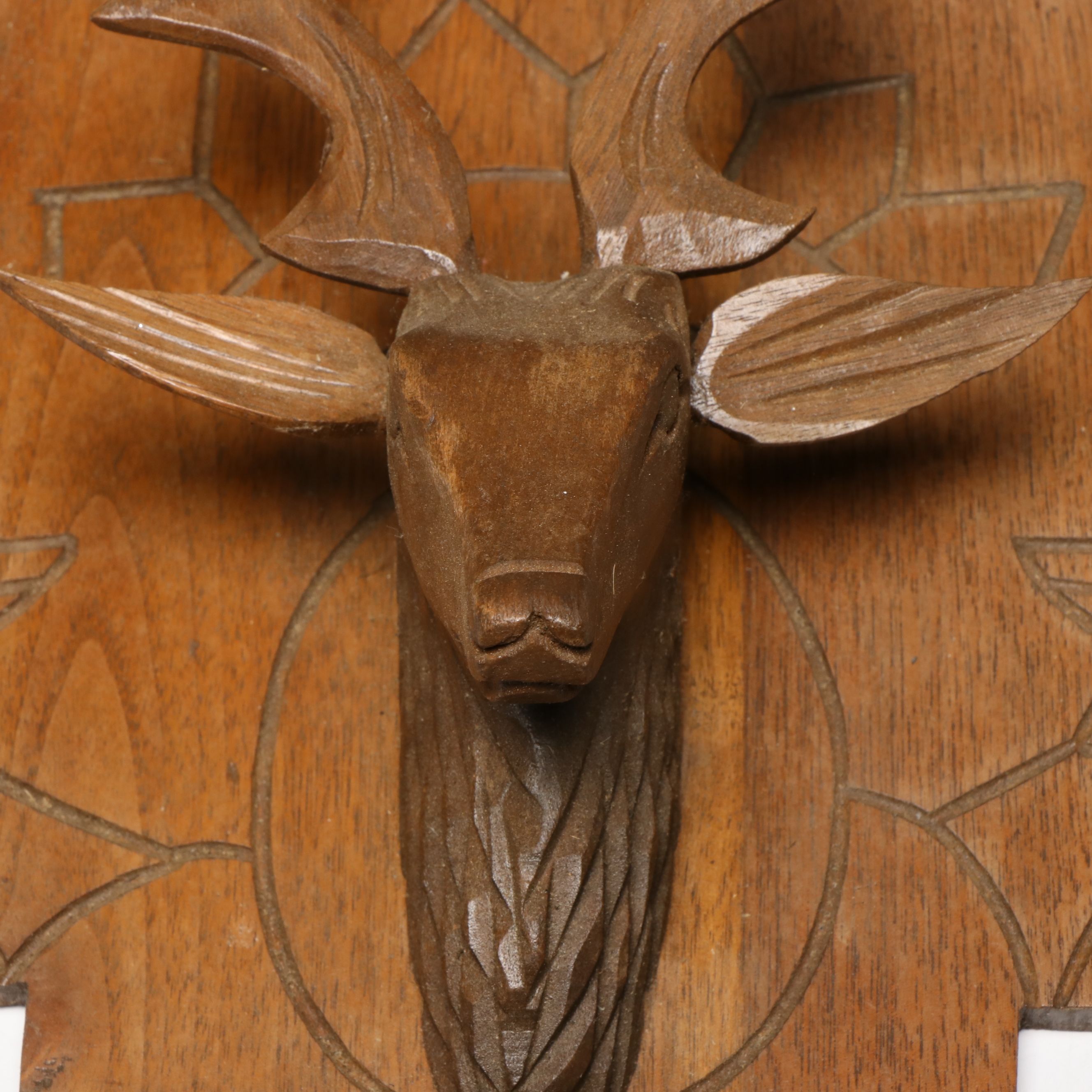 Victorian Eastlake Style Oak Wall Shelf with Carved Stag Head