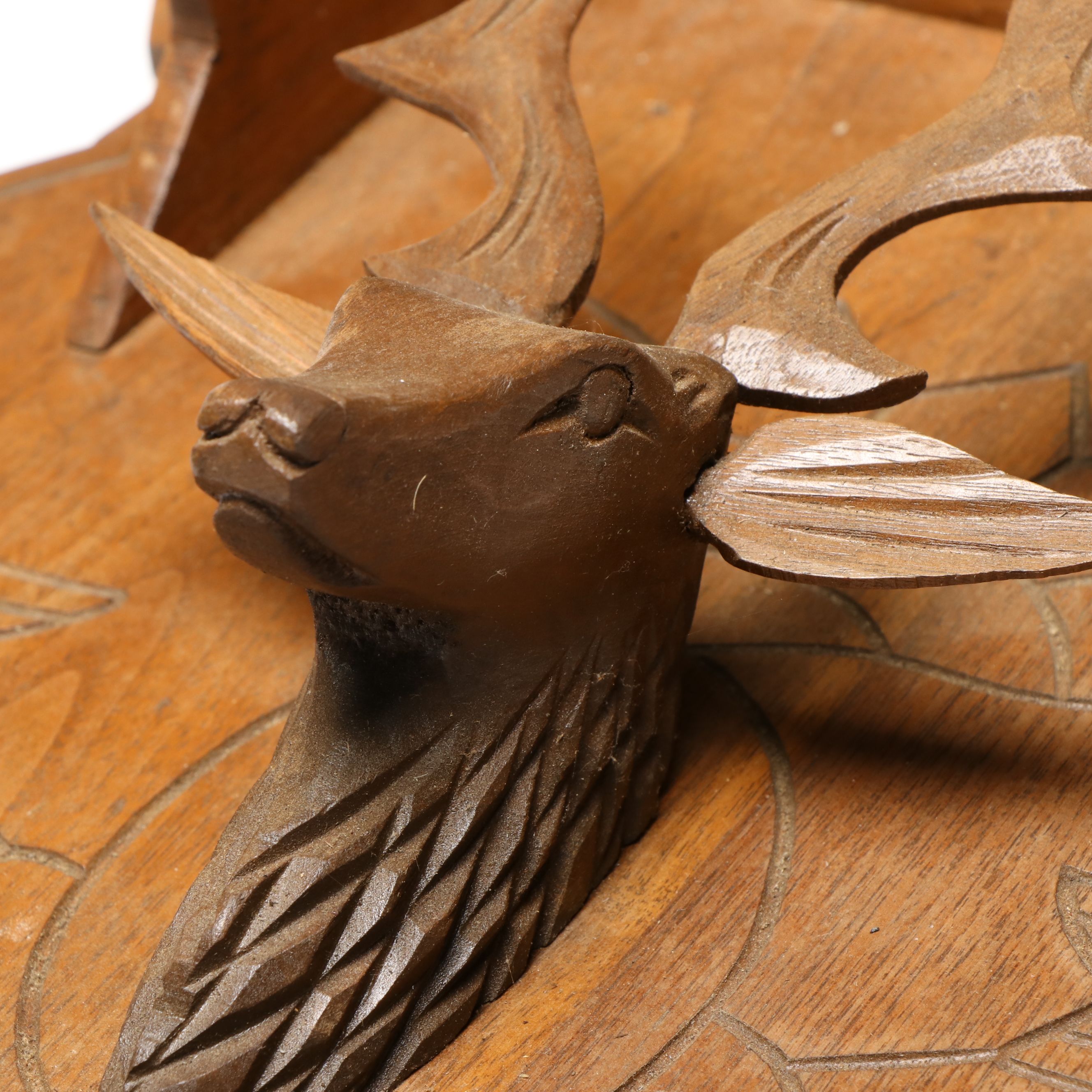 Victorian Eastlake Style Oak Wall Shelf with Carved Stag Head