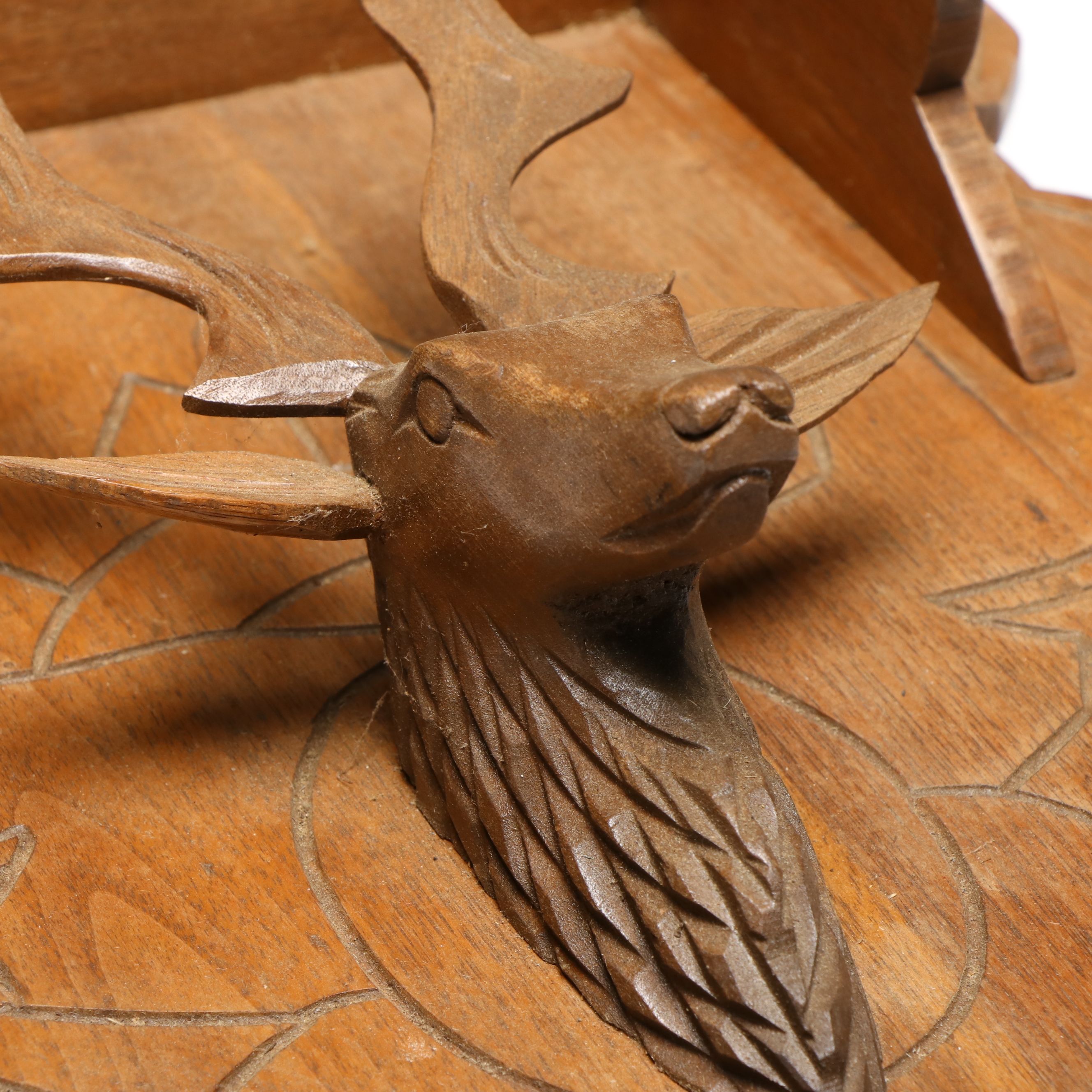 Victorian Eastlake Style Oak Wall Shelf with Carved Stag Head
