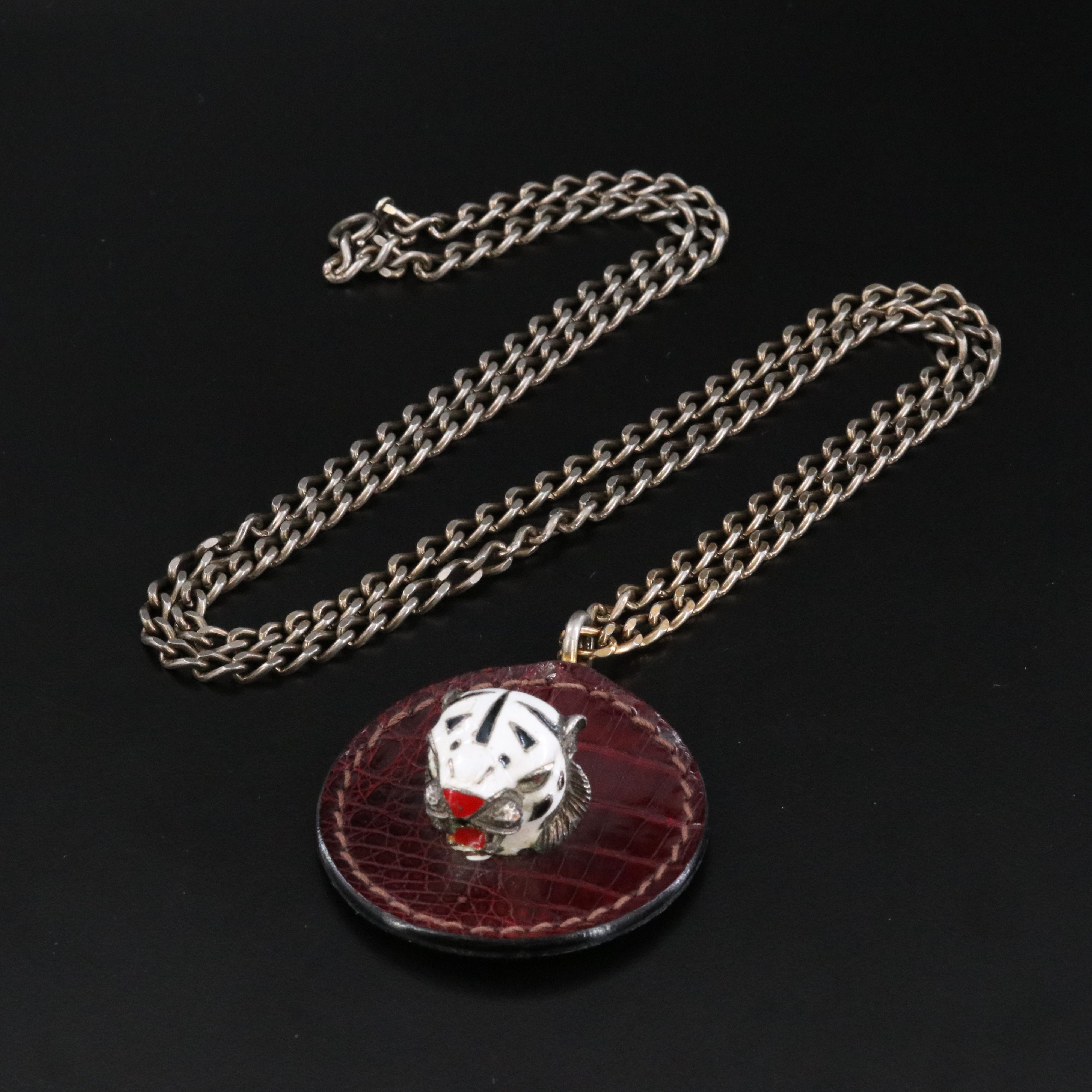 Vintage Gucci Lion Head on Leather Pendant Necklace