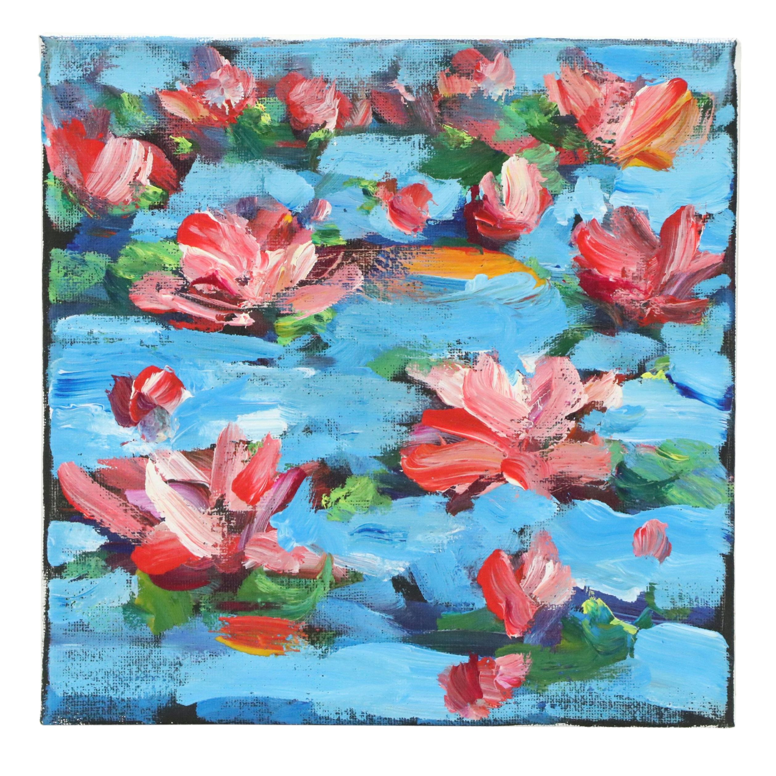 Amelia Colne Acrylic Painting of Water Lilies, 21st Century