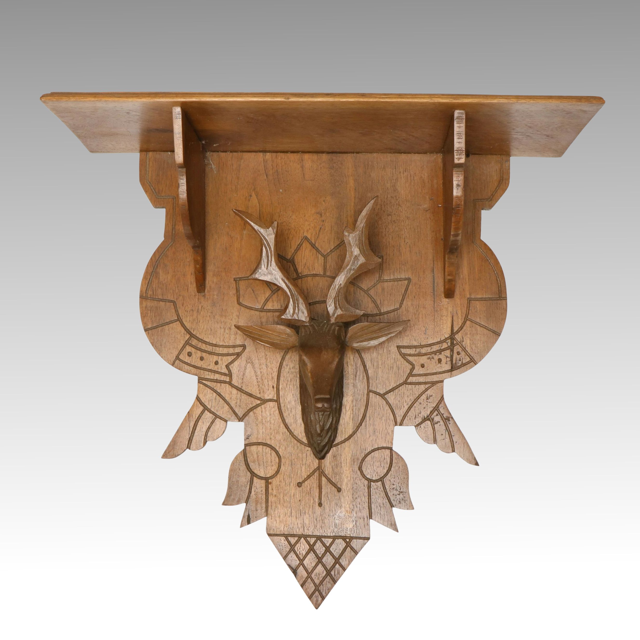 Victorian Eastlake Style Oak Wall Shelf with Carved Stag Head