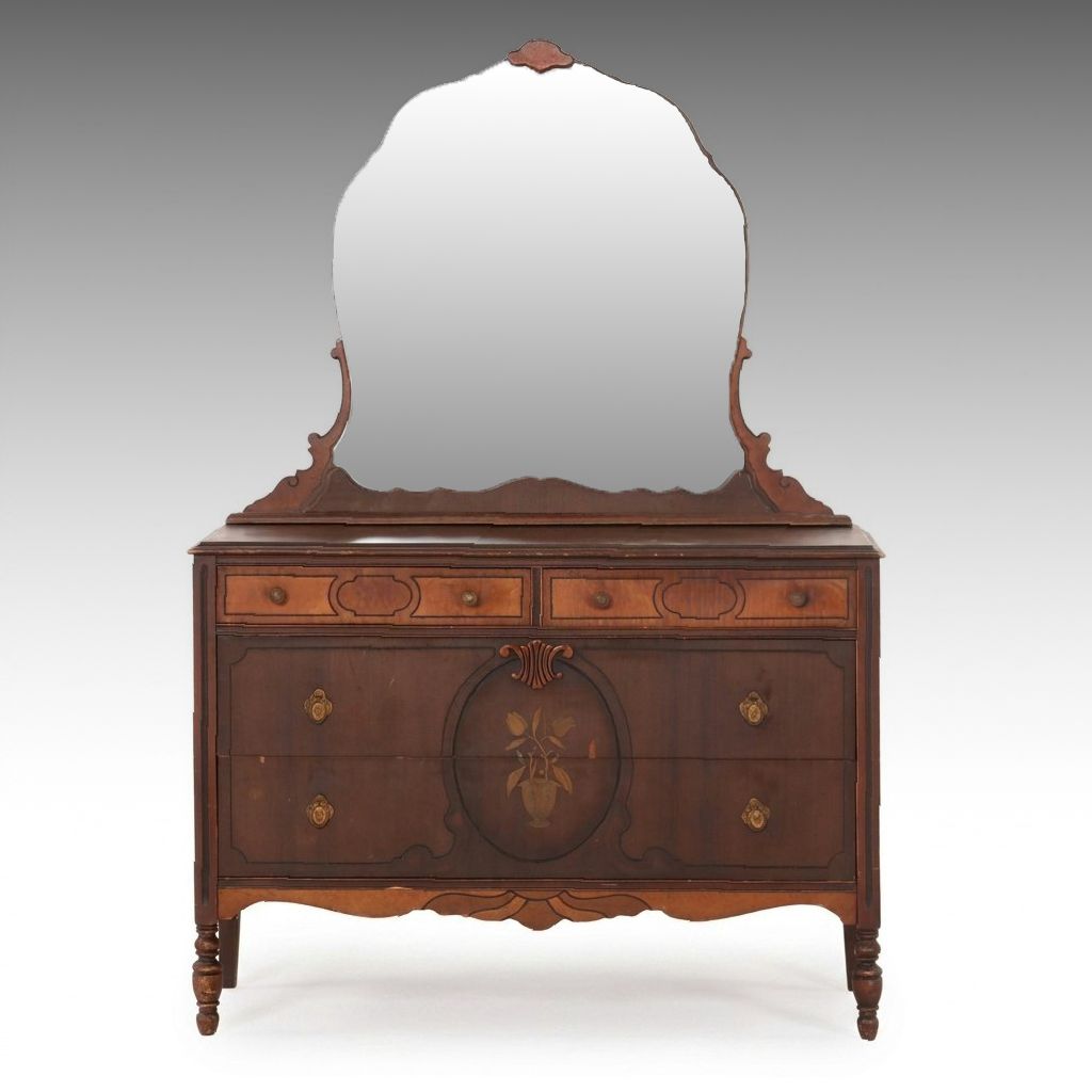 Sheraton Revival Inlaid Walnut Dresser with Mirror, Early 20th Century