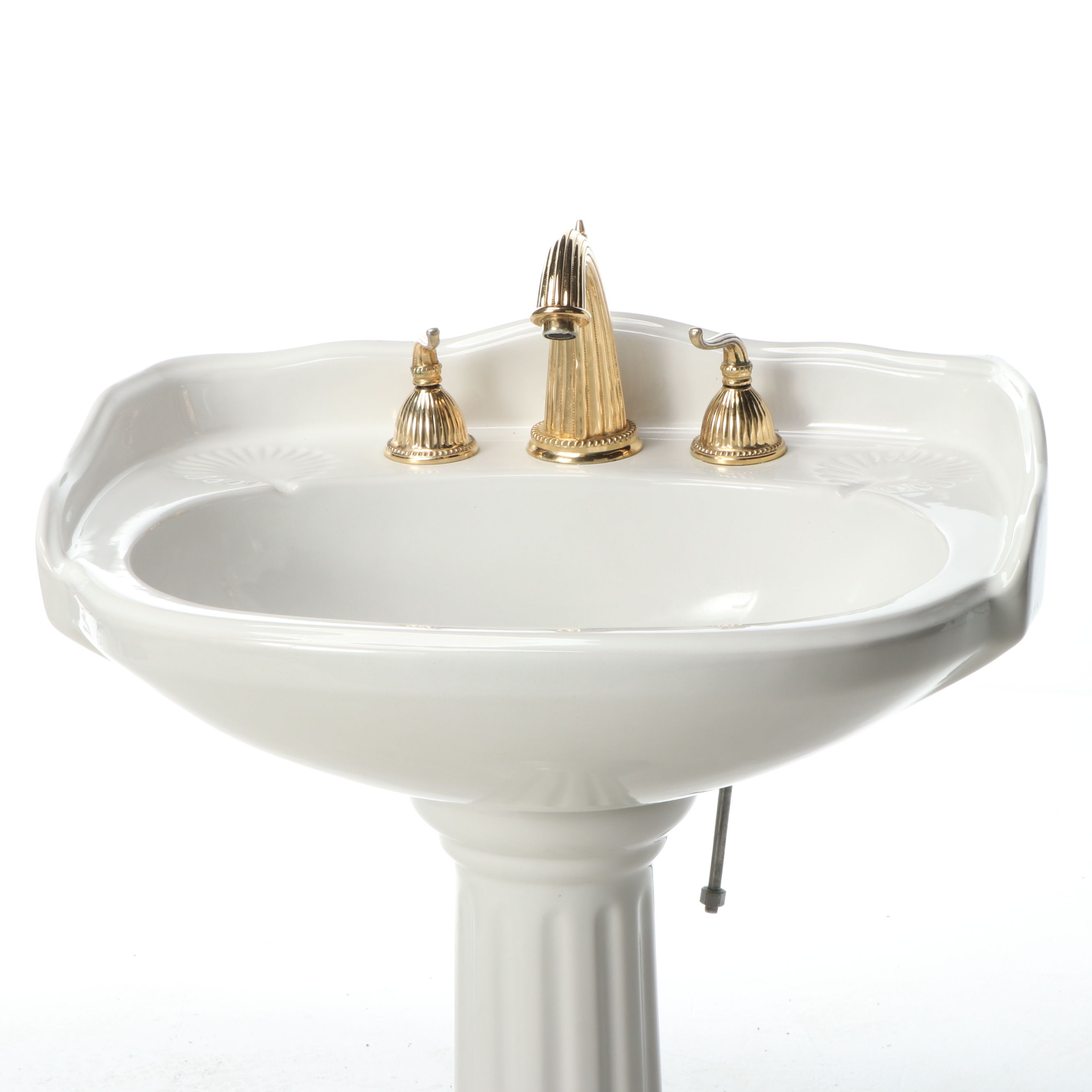 Porcelain Pedestal Sink with Brass and Metal Hardware