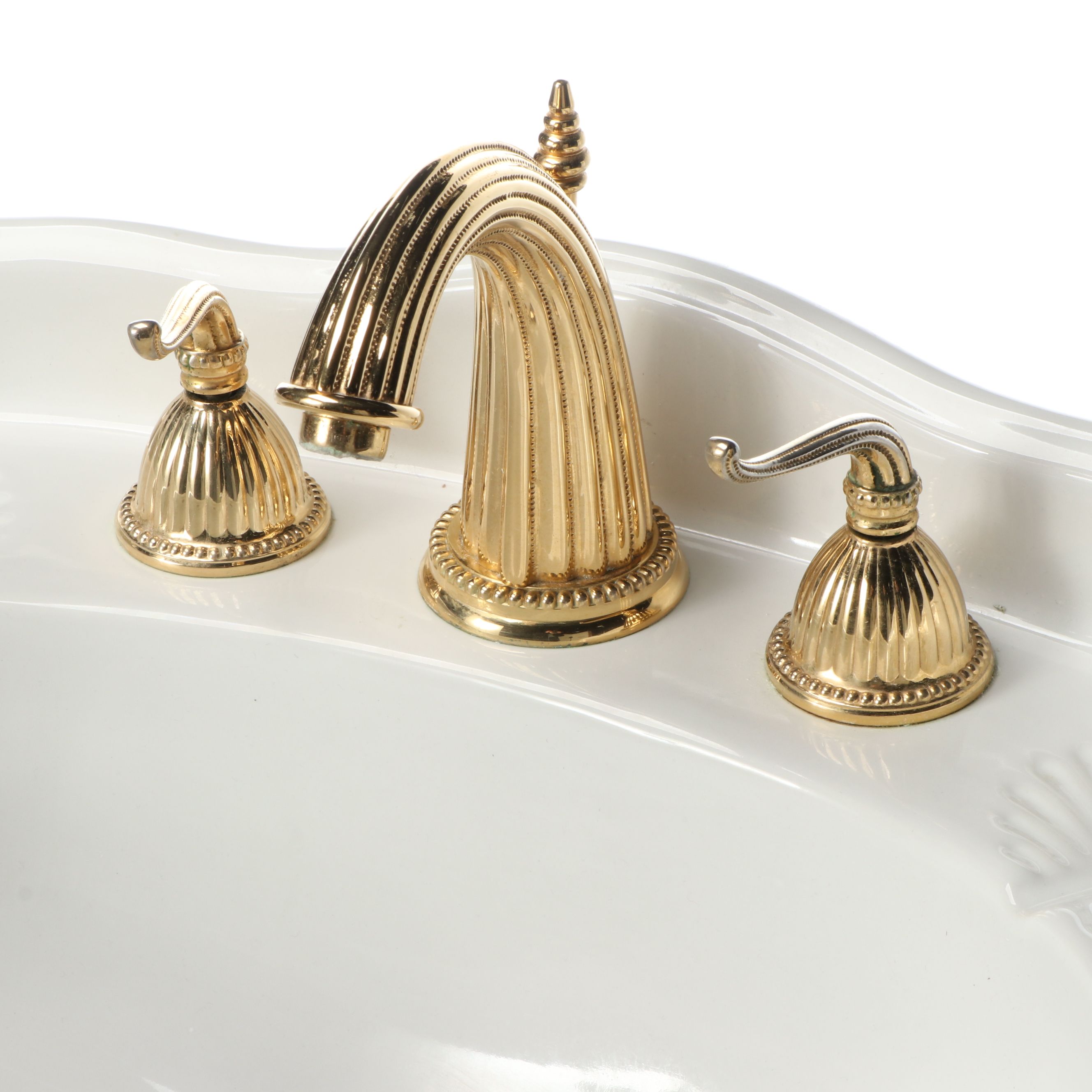 Porcelain Pedestal Sink with Brass and Metal Hardware