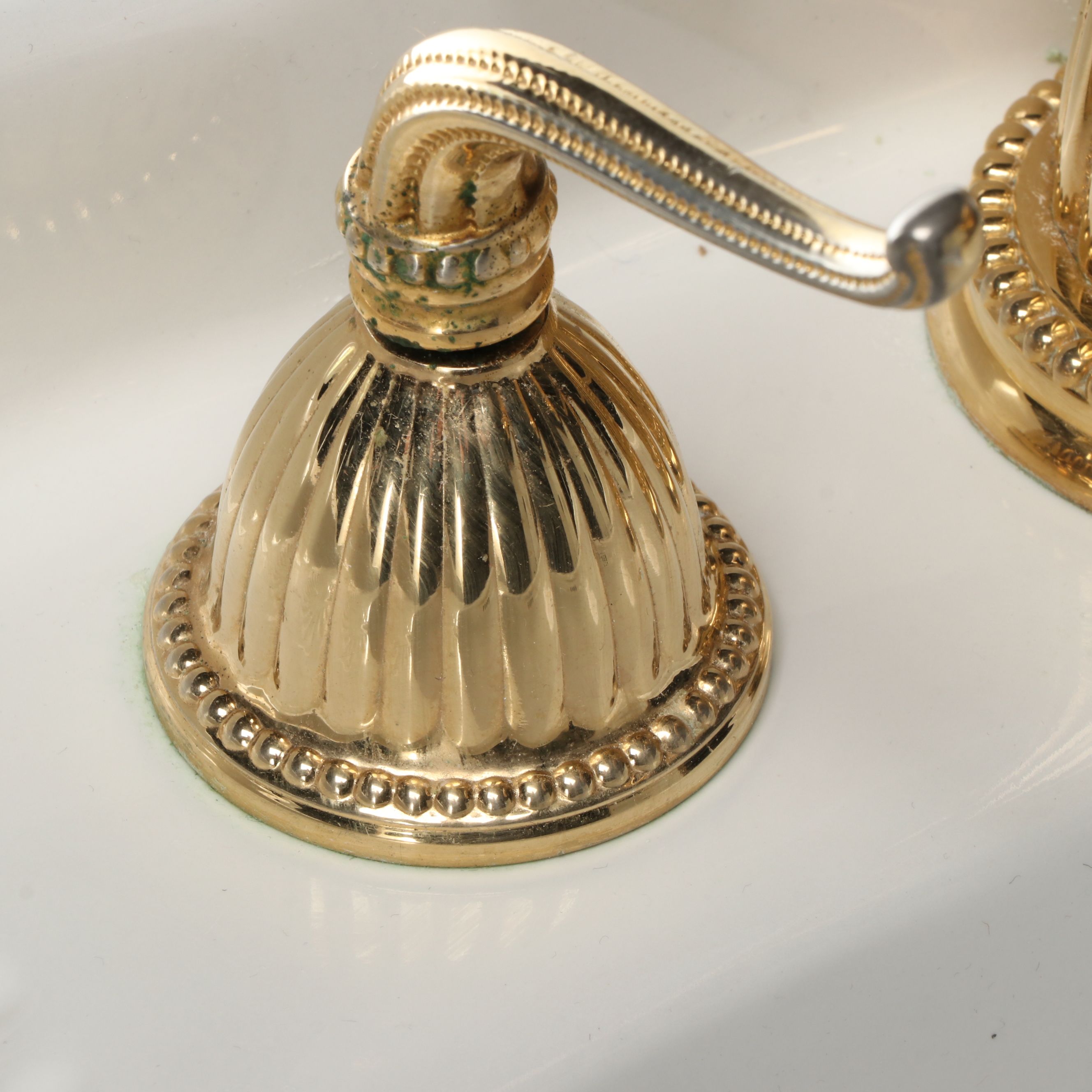 Porcelain Pedestal Sink with Brass and Metal Hardware