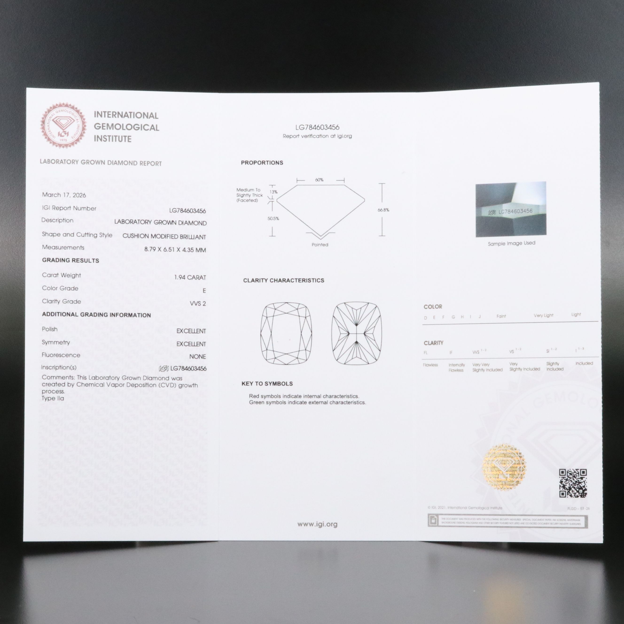 Loose 1.94 CT Lab Grown Diamond with IGI Report