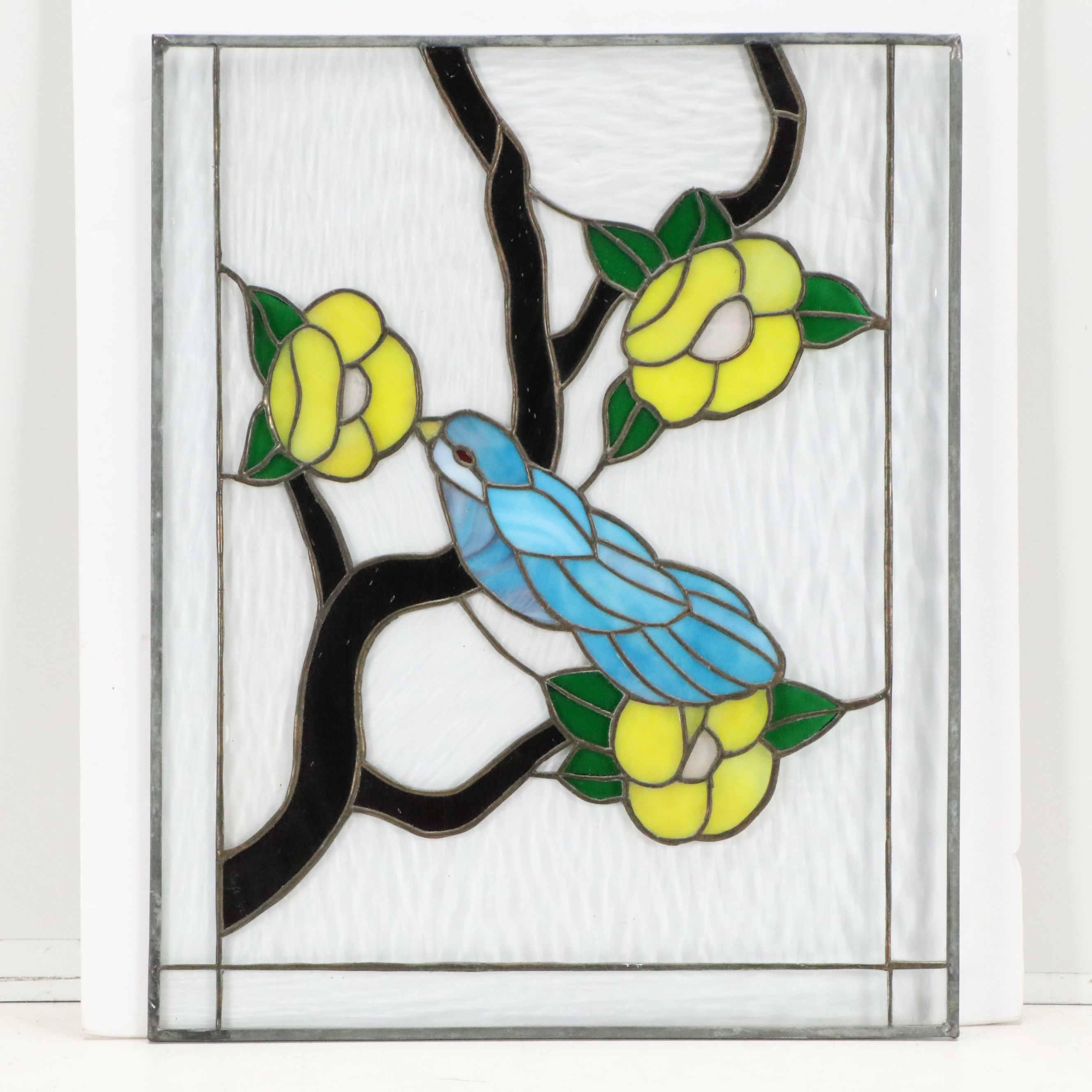 Stained and Slag Glass Panel of Bluebird with Flowers, 20th Century