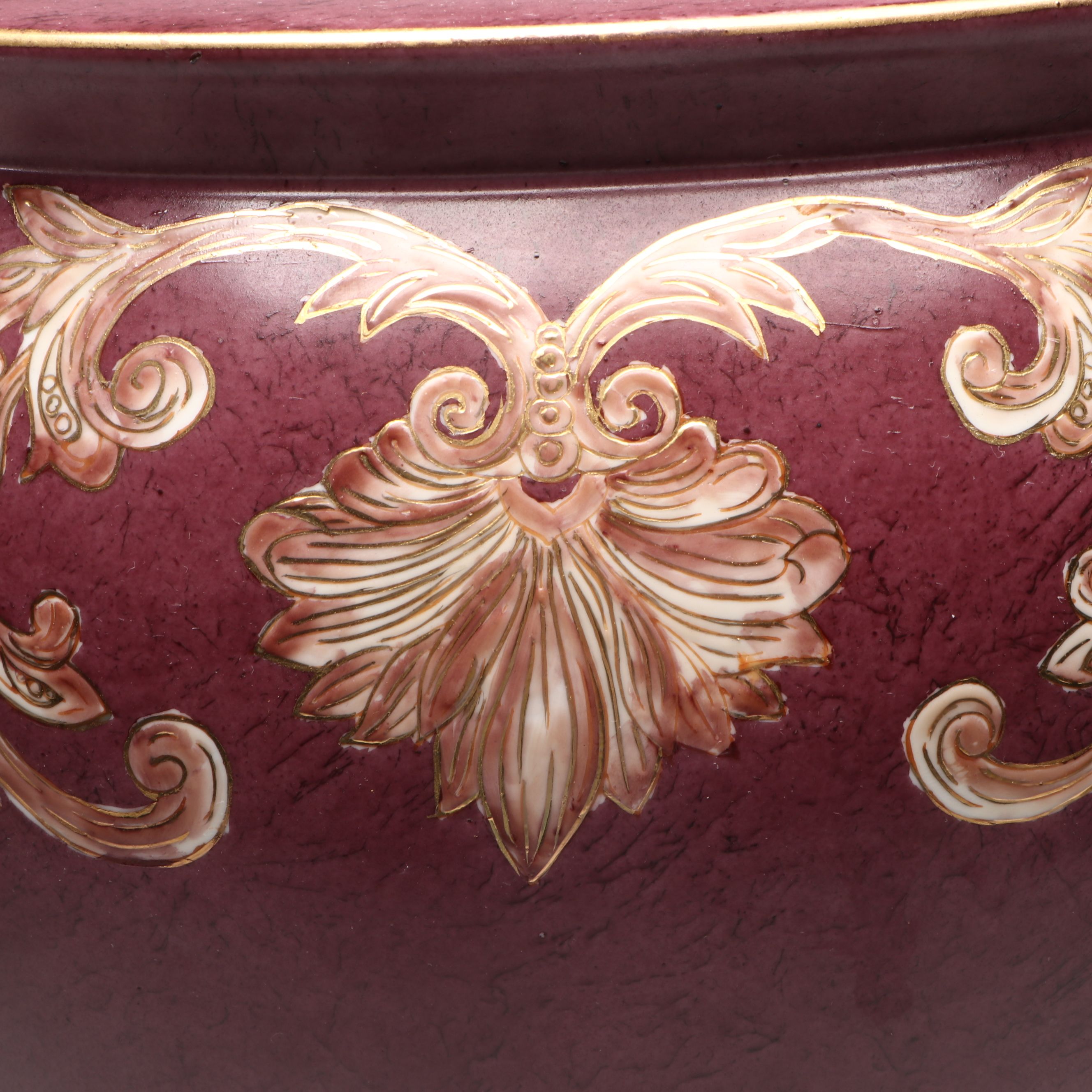 Chinese Hand-Decorated Ornate Ceramic Fishbowl Planter with Wooden Stand
