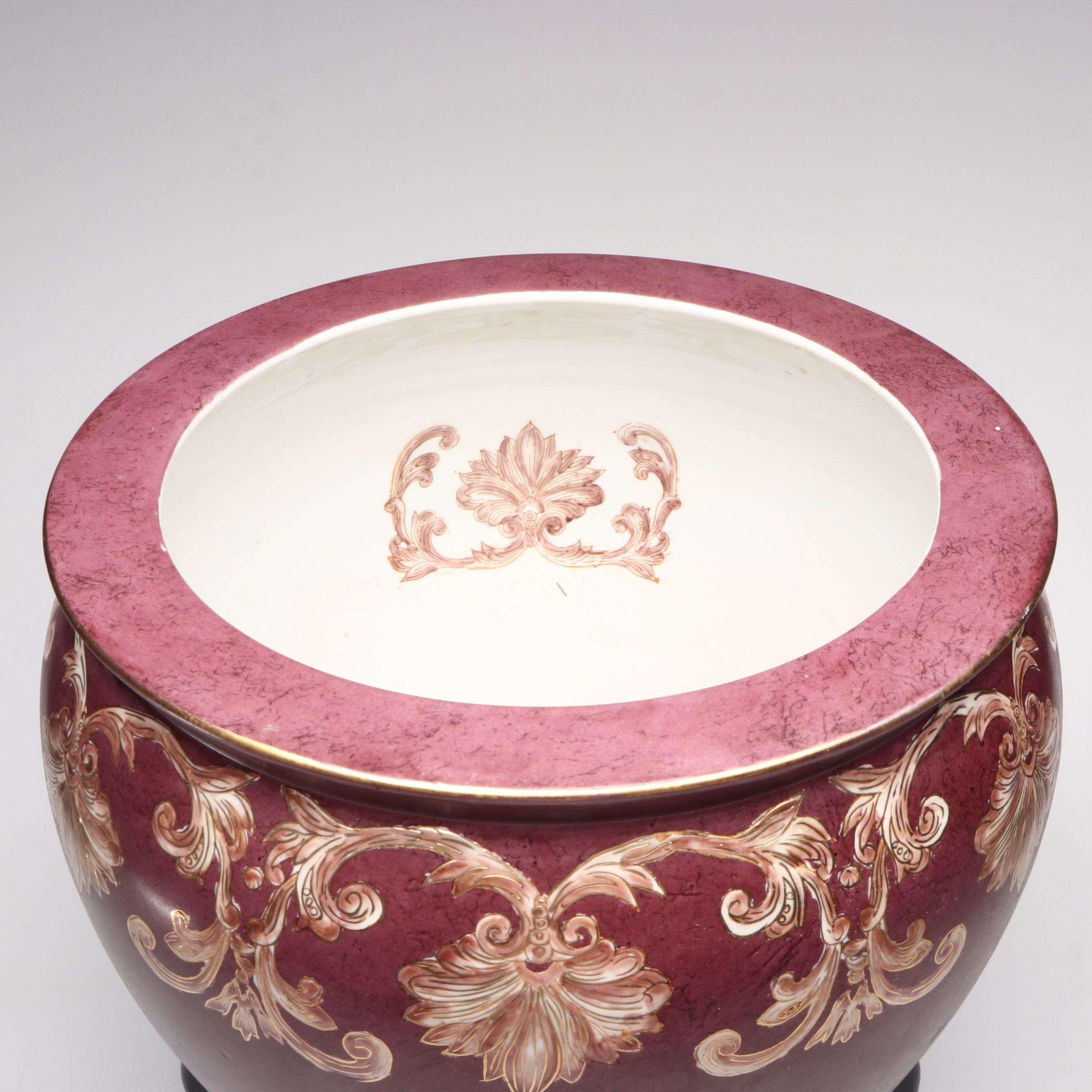 Chinese Hand-Decorated Ornate Ceramic Fishbowl Planter with Wooden Stand