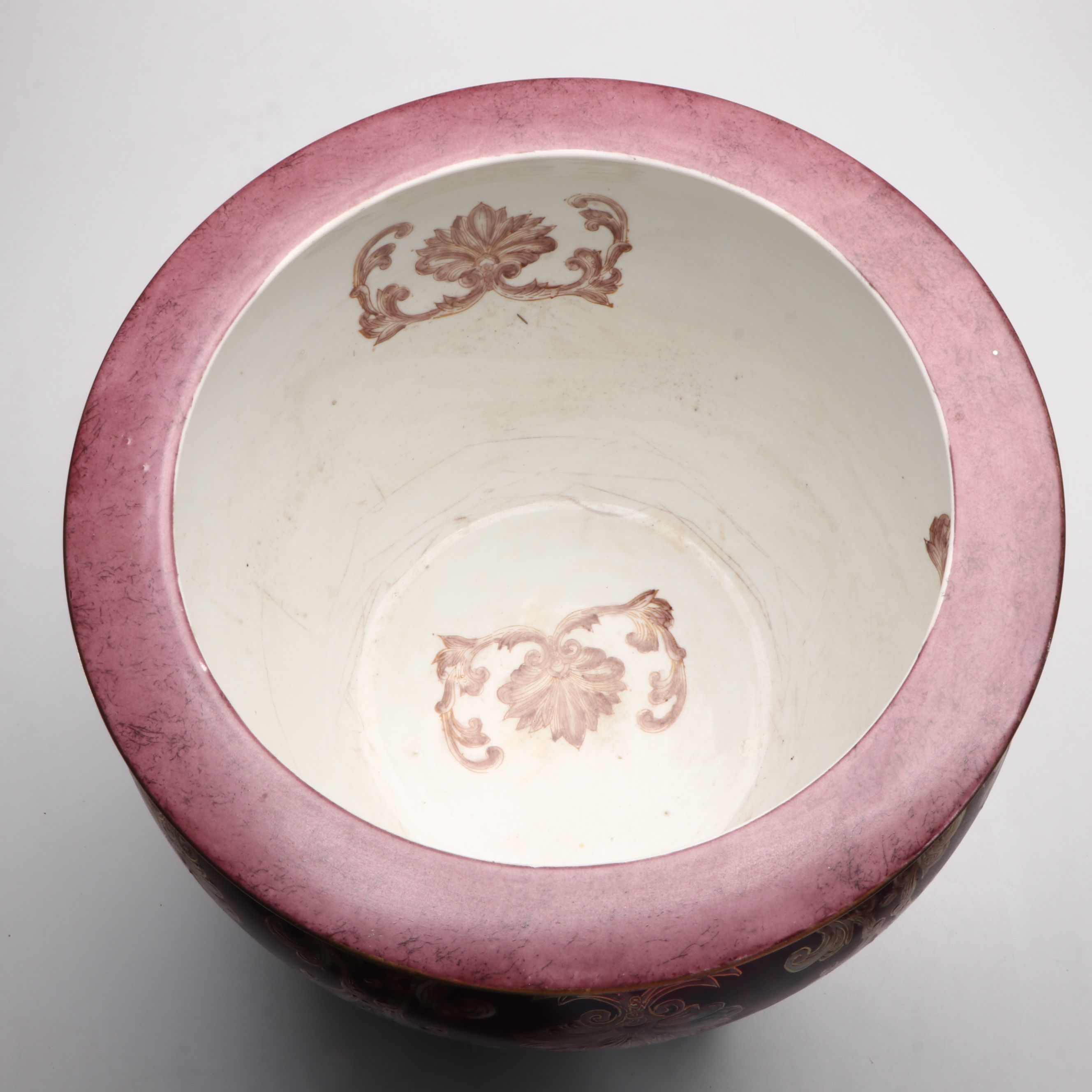 Chinese Hand-Decorated Ornate Ceramic Fishbowl Planter with Wooden Stand