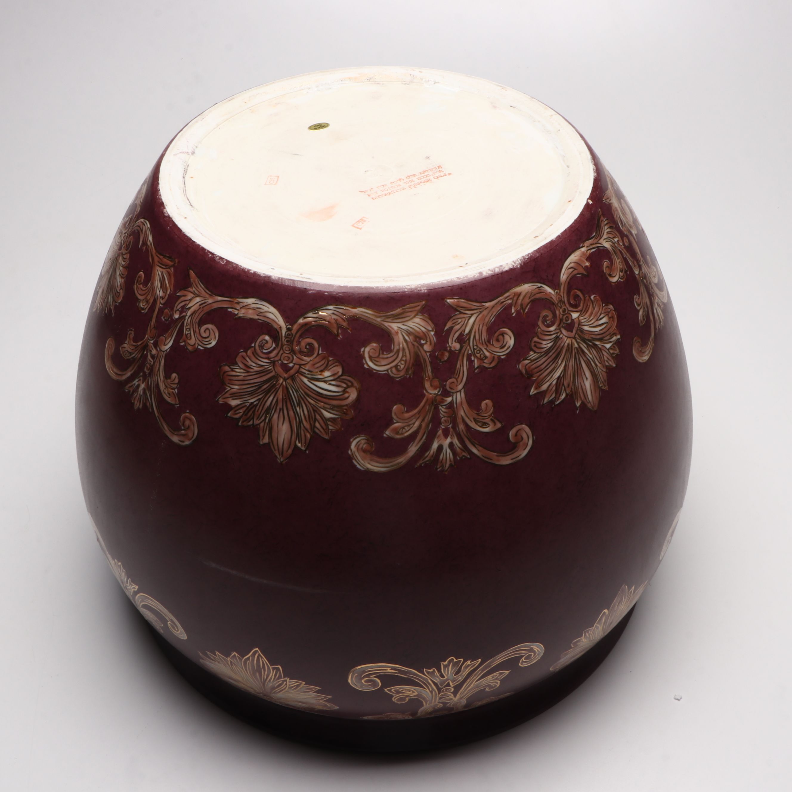 Chinese Hand-Decorated Ornate Ceramic Fishbowl Planter with Wooden Stand