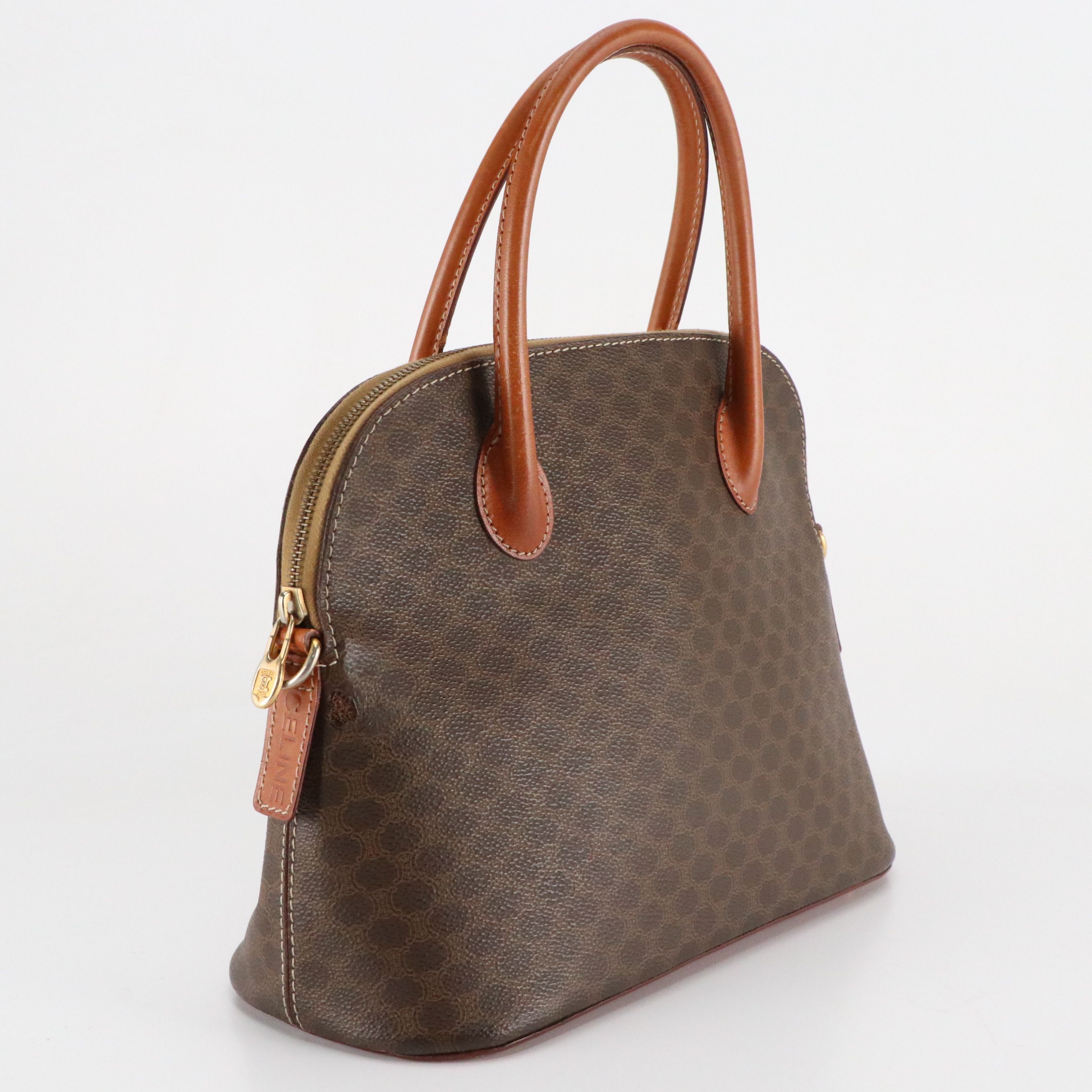 Celine Top Handle Dome Handbag in Dark Brown Macadam Canvas and Leather
