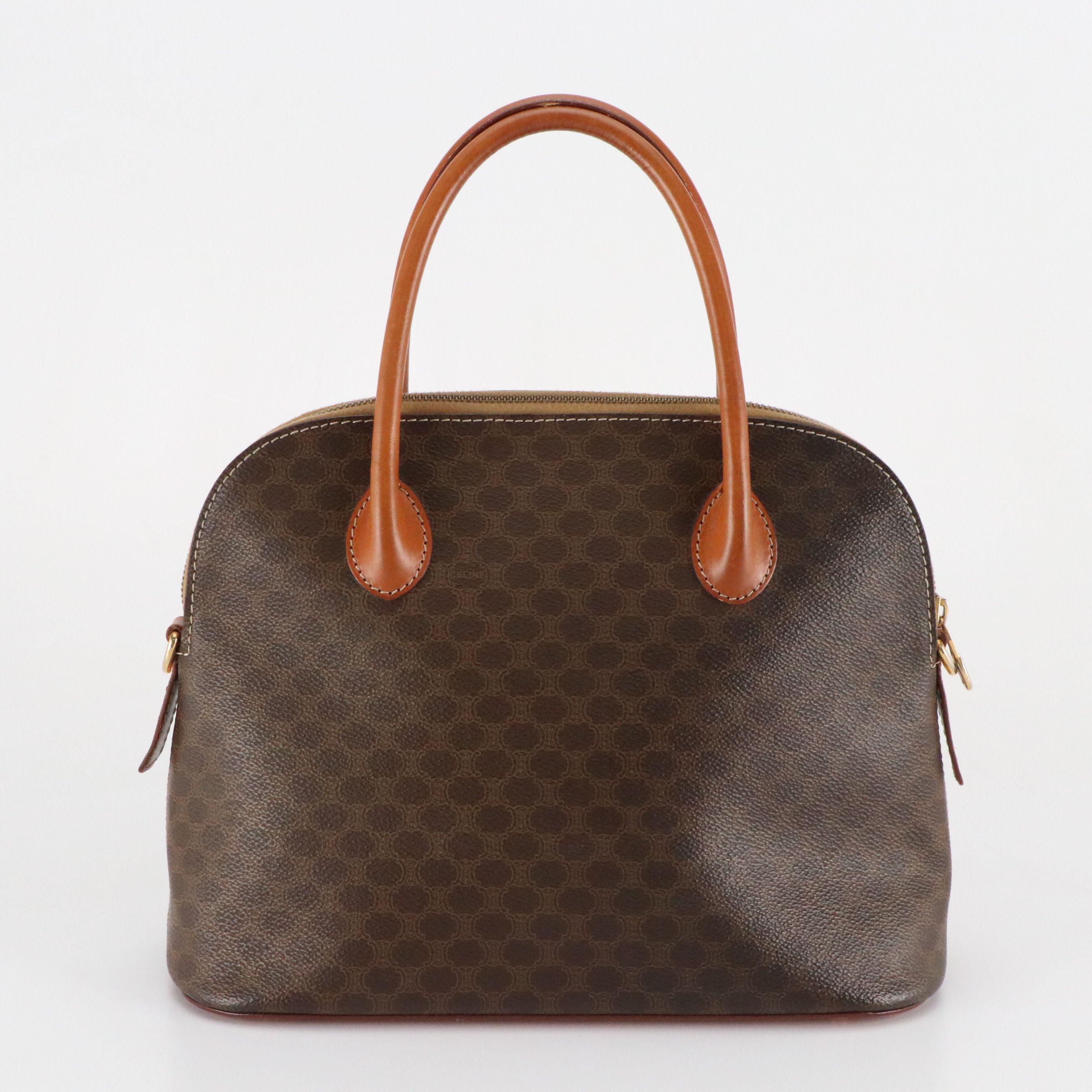 Celine Top Handle Dome Handbag in Dark Brown Macadam Canvas and Leather