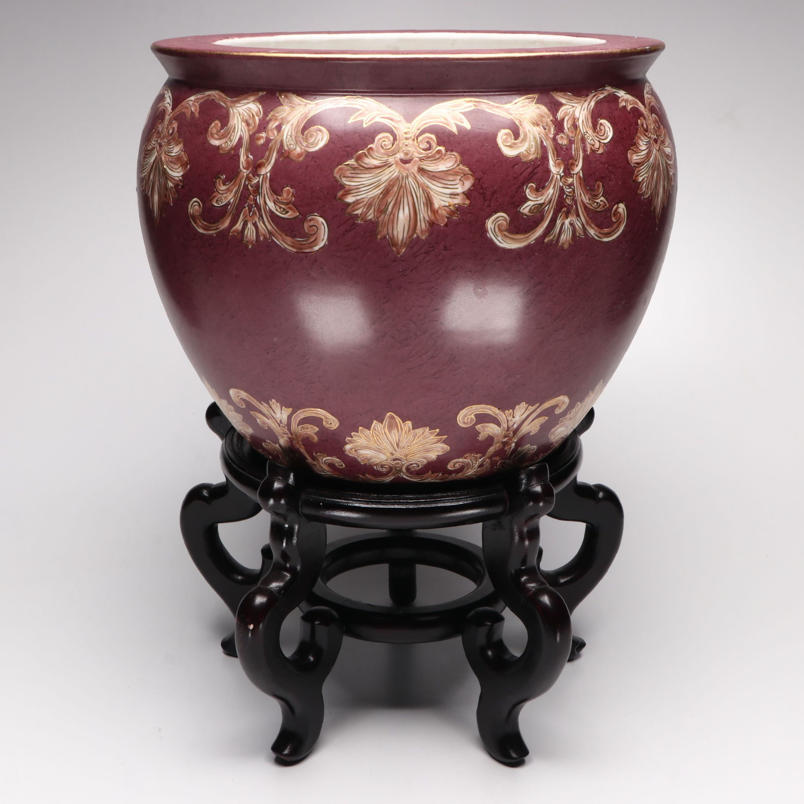Chinese Hand-Decorated Ornate Ceramic Fishbowl Planter with Wooden Stand