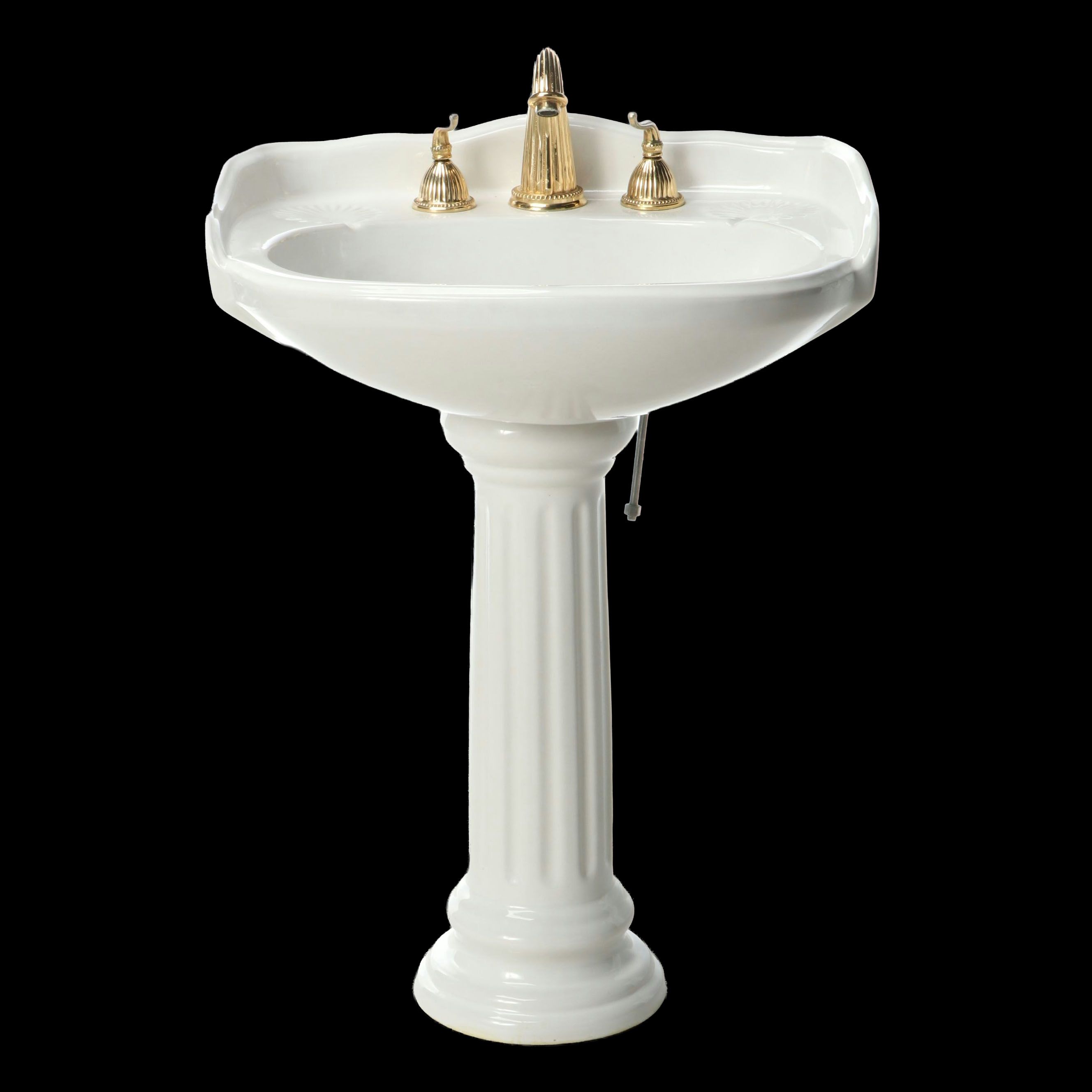 Porcelain Pedestal Sink with Brass and Metal Hardware