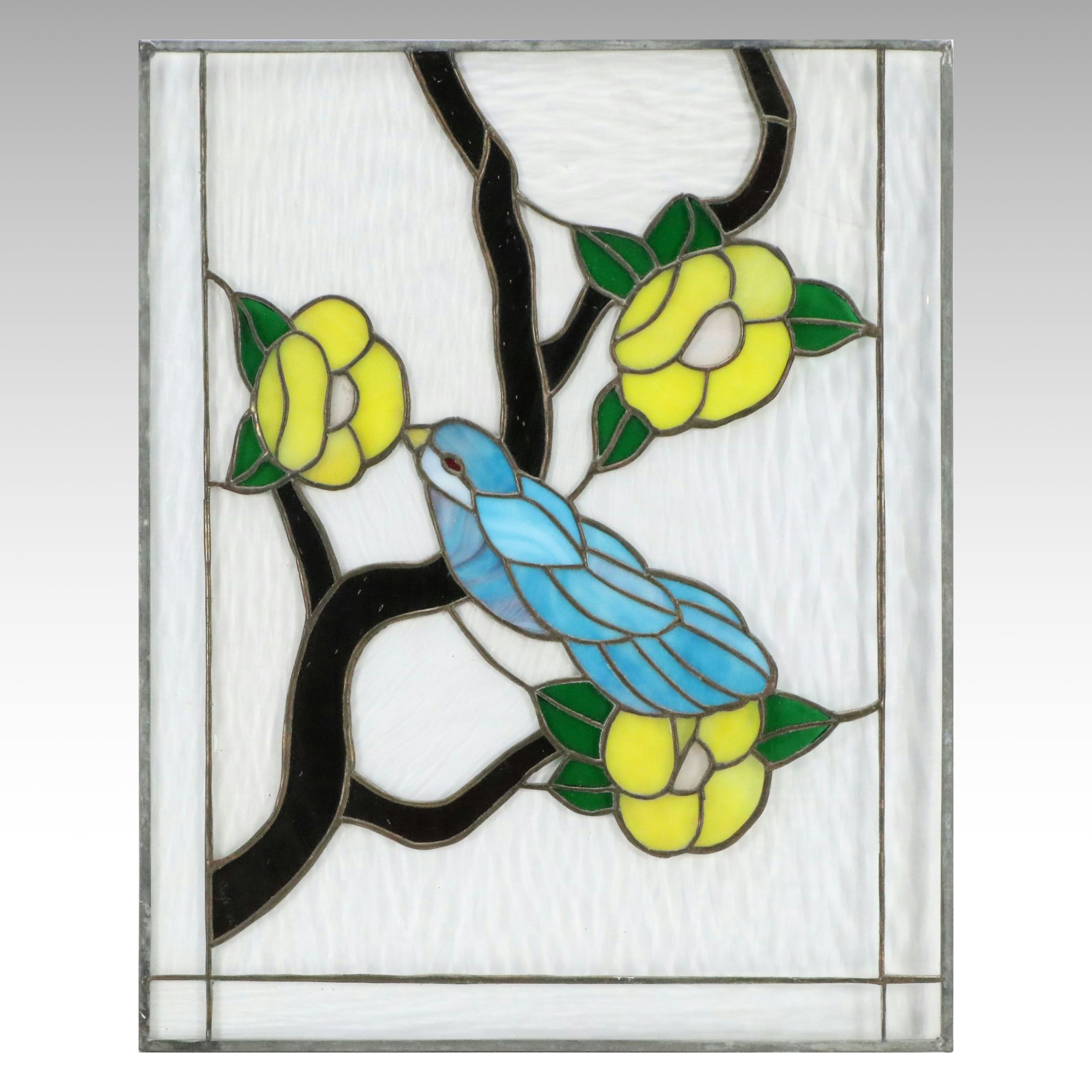 Stained and Slag Glass Panel of Bluebird with Flowers, 20th Century